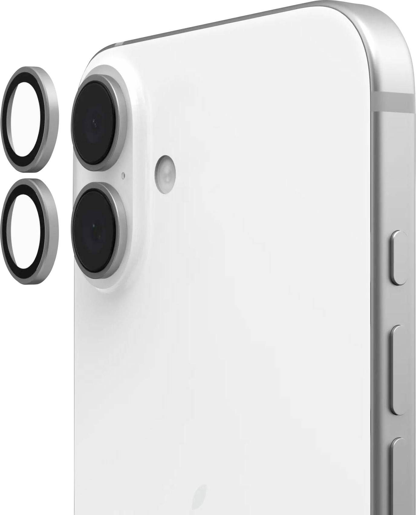 Nahaufnahme eines weißen Smartphone-Kameramoduls auf der Rückseite mit zwei Objektiven, einem Blitz und zwei losen silber-schwarzen kreisförmigen Ringen daneben.