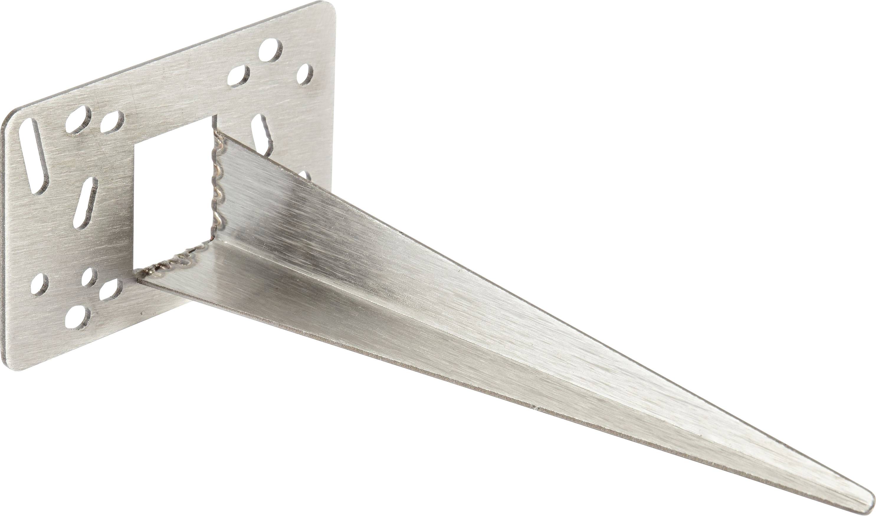 Metallwandhalterung mit langem konischem Arm und Montageplatte mit Schlitzen, dargestellt auf weißem Hintergrund.