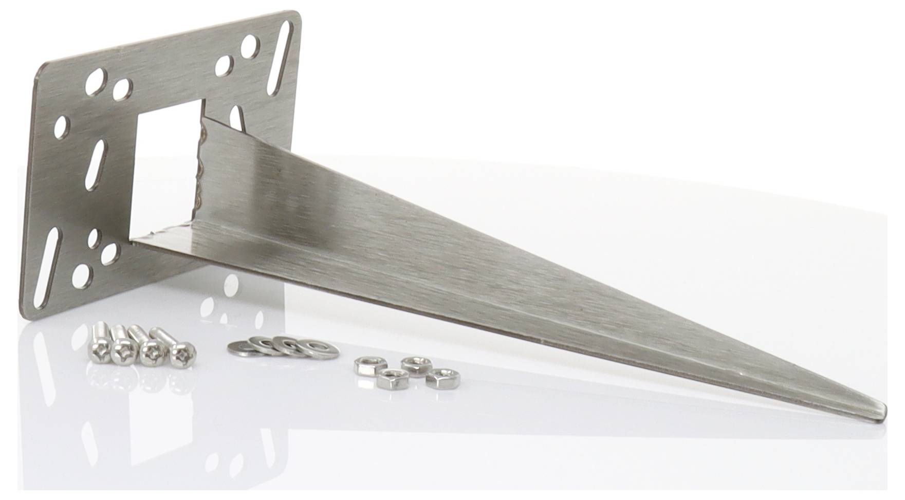 Türstopper aus gebürstetem Metall in Keilform mit Montageplatte, Schrauben und Unterlegscheiben auf weißem Hintergrund.
