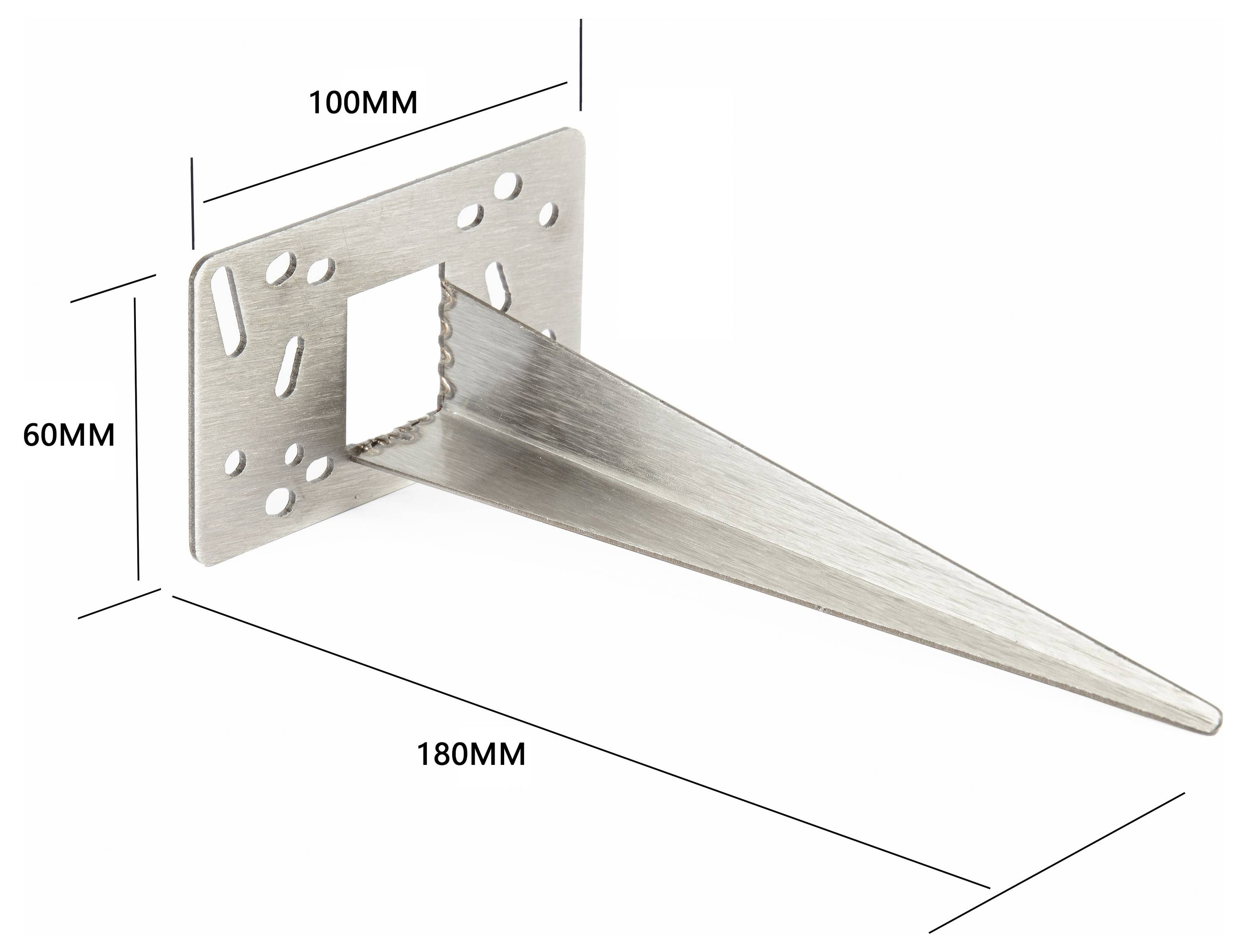 Metallwandhalterung mit konischem Dorn, dargestellt mit Abmessungen von 100 mm Breite, 60 mm Höhe und 180 mm Länge.