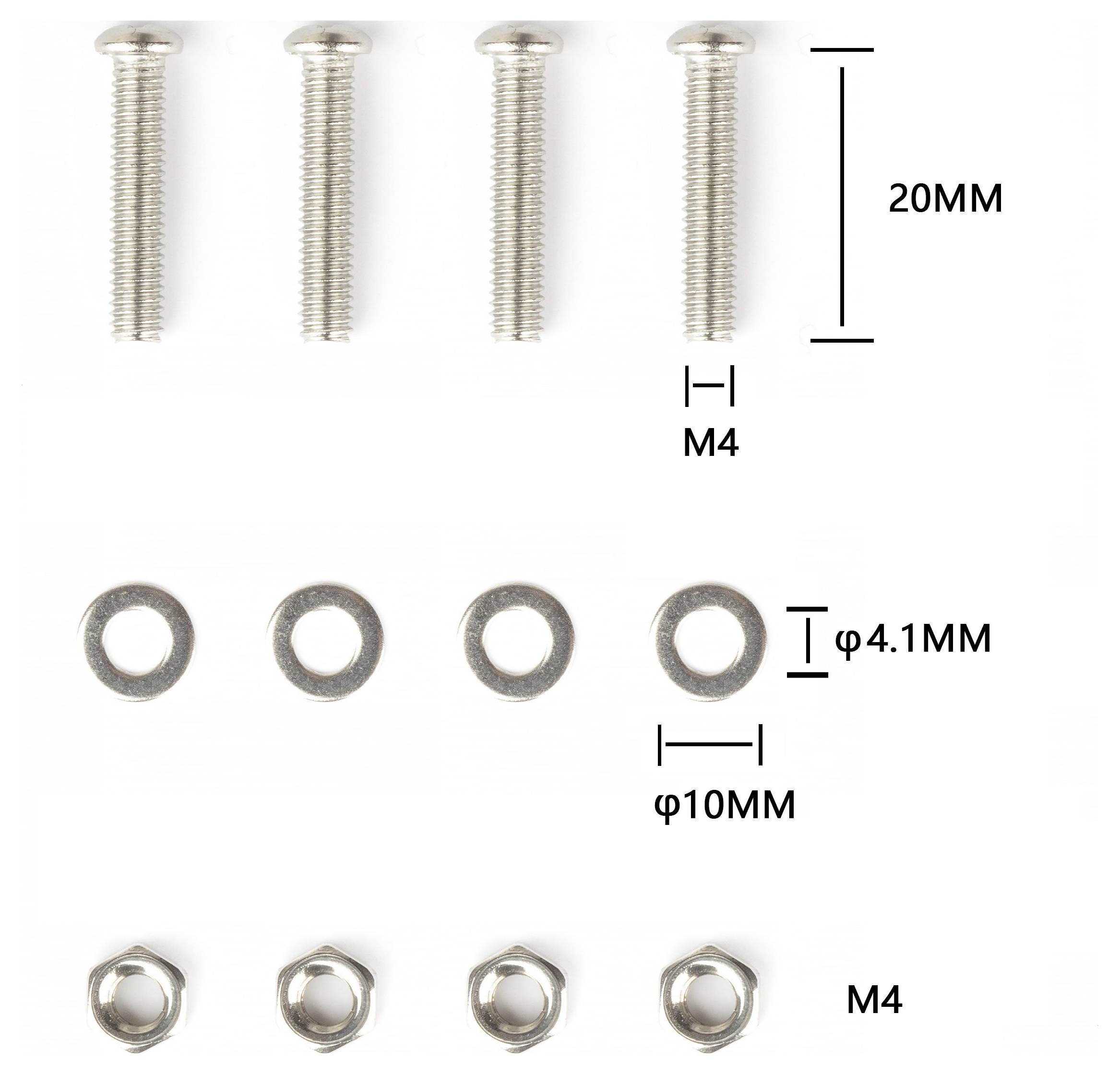 M4-Befestigungssatz mit vier 20mm-Schrauben, vier Unterlegscheiben und vier Muttern; Unterlegscheiben gekennzeichnet mit 4,1mm Innendurchmesser und 10mm Außendurchmesser.