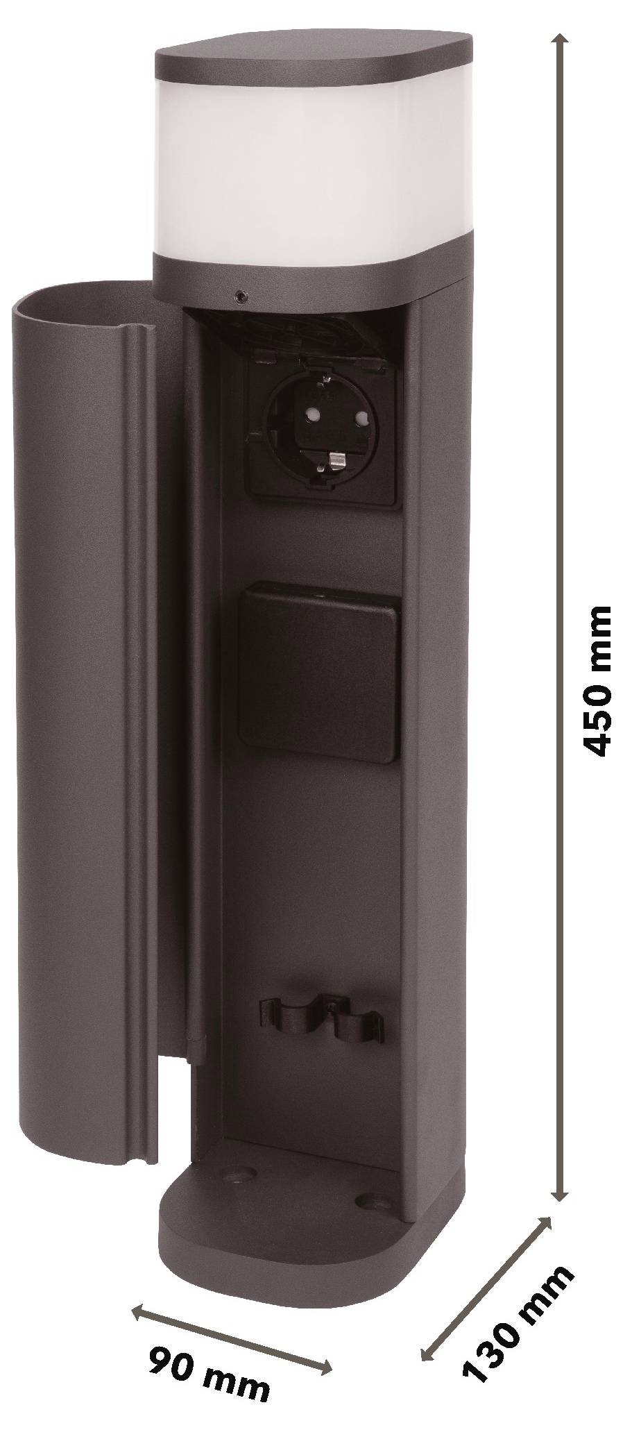 Produktbild eines hohen schwarz-silbernen zylindrischen Geräts mit offener Seitenkammer, dargestellt mit den Abmessungen 450 mm Höhe, 90 mm Breite und 130 mm Tiefe.
