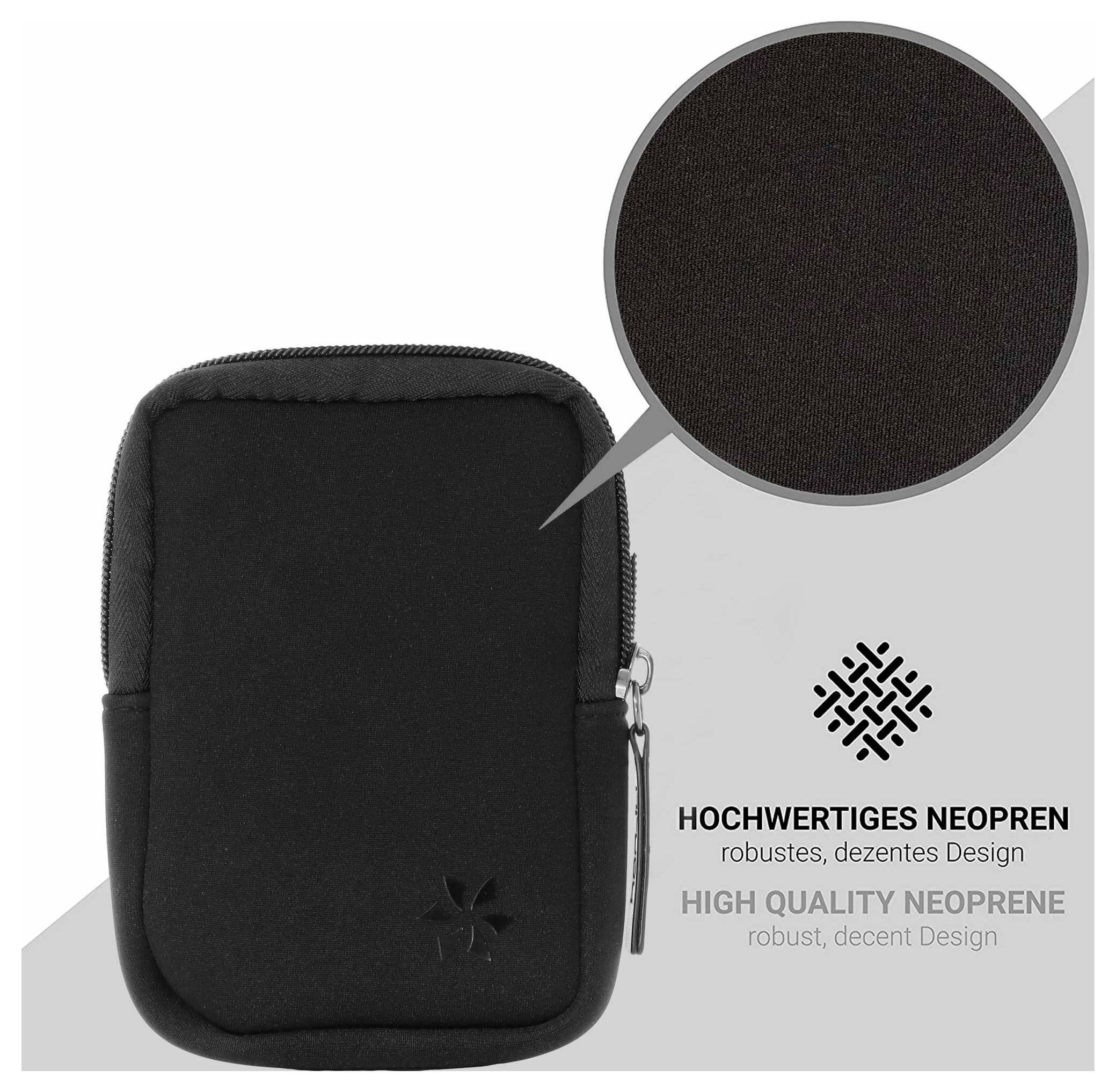 Schwarzes Neopren-Etui mit Reißverschluss, in Vorderansicht dargestellt, mit vergrößertem Ausschnitt des strukturierten Materials und Text, der hochwertige, langlebige Konstruktion bewirbt.