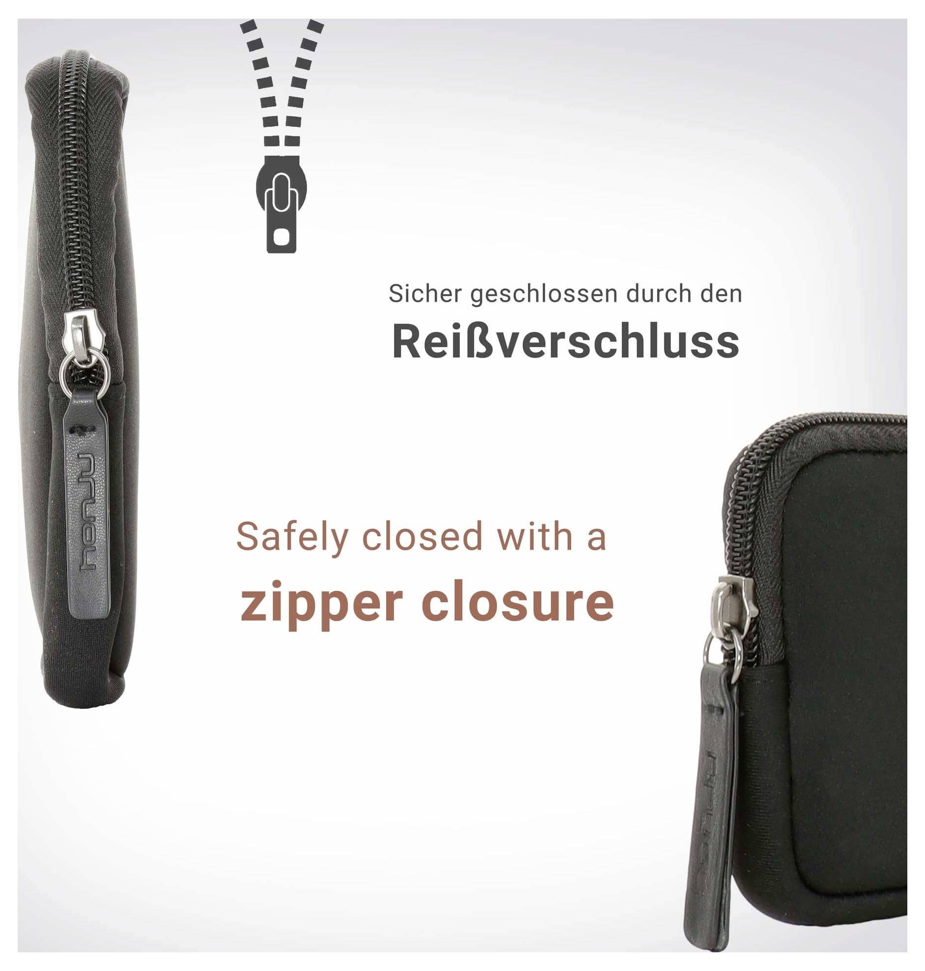 Werbegrafik mit Nahaufnahme von Reißverschlussdetails auf einem schwarzen Koffer, mit Text „Sicher verschlossen mit Reißverschluss