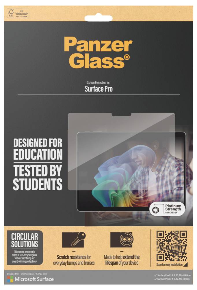 PanzerGlass Displayschutzfolie für Microsoft Surface Pro, beschriftet mit „Für Bildung konzipiert