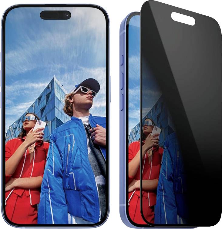 Displayschutzfolie für Smartphone, die auf einem Telefon angebracht ist, mit einem glänzenden schwarzen Datenschutzfilter, der ein Stadtfoto auf dem Display teilweise abdeckt.