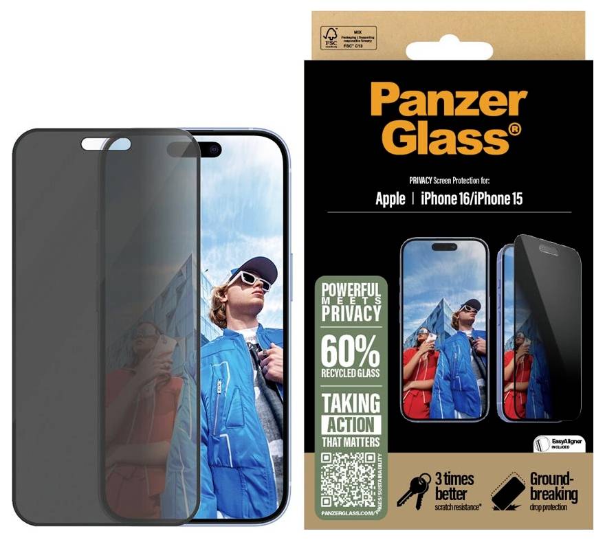 PanzerGlass Datenschutz-Displayschutzfolie für Apple iPhone 16/iPhone 15, dargestellt auf einem Telefon mit dunklem Datenschutzfilter und Retail-Verpackung, die 60% recyceltes Glas hervorhebt.