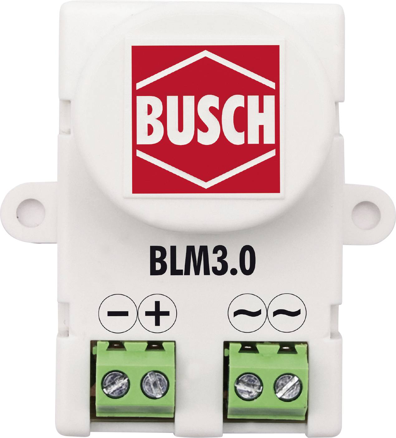 Busch BLM3.0 Elektromodul mit zwei grünen Anschlussklemmen und Plus-, Minus- und AC-Symbolen auf einem weißen Gehäuse.