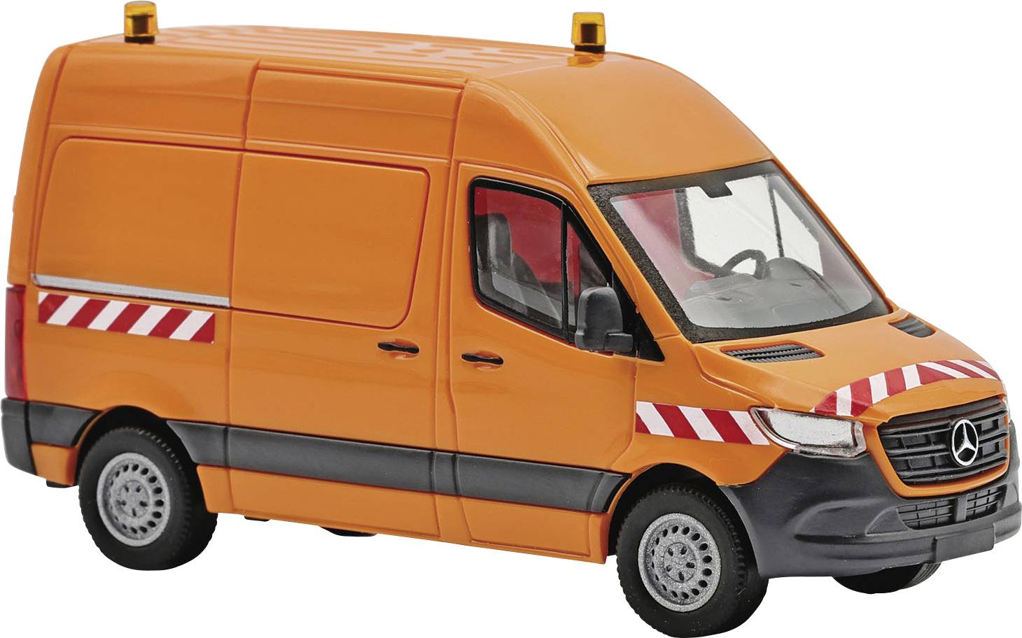 Orange-weißer Mercedes Utility-Transporter mit rot-weißen Warnstreifen und Dachleuchten, Seitenansicht auf weißem Hintergrund dargestellt.