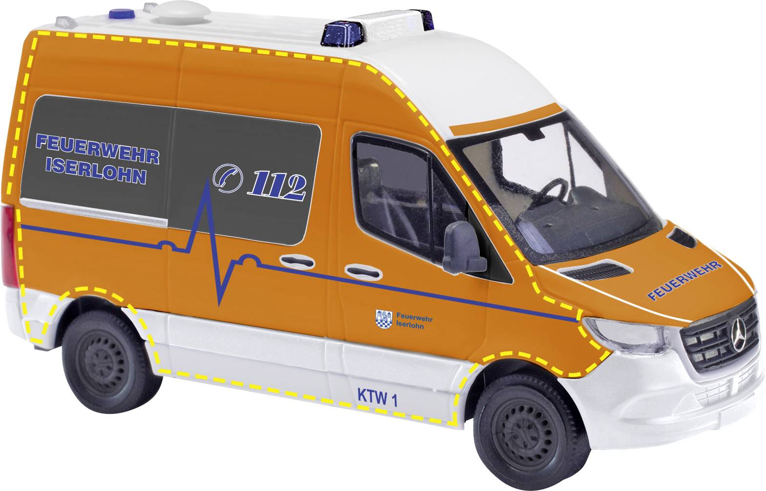 Orangefarbener und weißer Einsatzwagen mit der Aufschrift 'FEUERWEHR ISERLOHN' und '112', mit blauem Licht auf dem Dach und 'KTW 1' auf der Seite.
