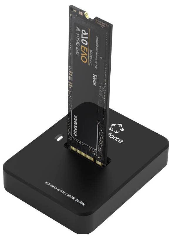 NVMe-SSD in einen schwarzen M.2-Dock/Adapter-Ständer mit der Bezeichnung „M.2 SATA/NVMe M Key