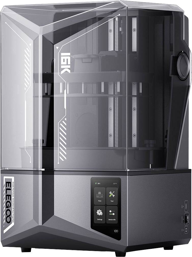 ELEGOO 3D-Drucker mit transparenter Abdeckung und Touchscreen-Bedienfeld an der Vorderseite.