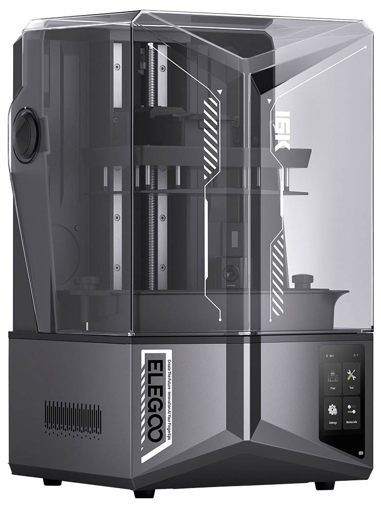 Geschlossener 3D-Drucker mit transparenter Abdeckung und Touchscreen-Bedienfeld an der Vorderseite, auf dem Sockel mit ELEGOO beschriftet.