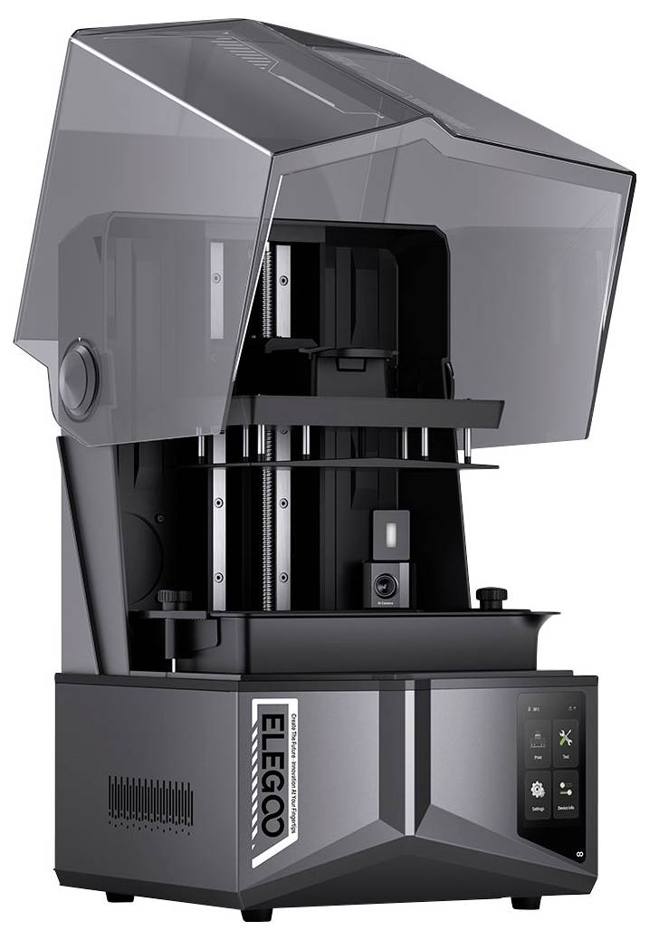 Kompakter Harz-3D-Drucker mit getönter Haube, frontalem Touchscreen und "ELEGGO"-Branding auf der Basis.