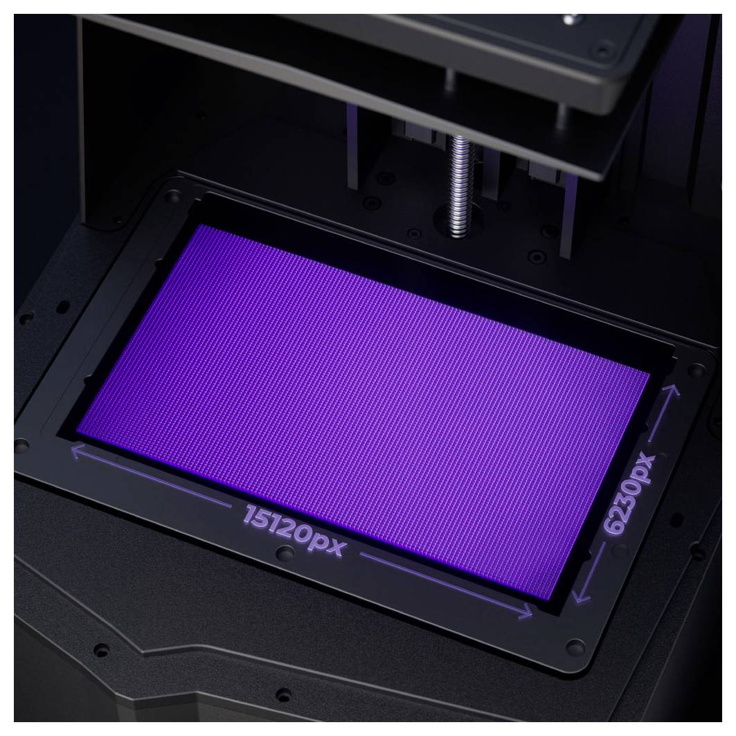 Nahaufnahme eines 15.120 px mal 6.230 px großen rechteckigen Anzeigefeldes oder Sensorpanels mit einem violetten Rastermuster in einem schwarzen Gerätgehäuse.