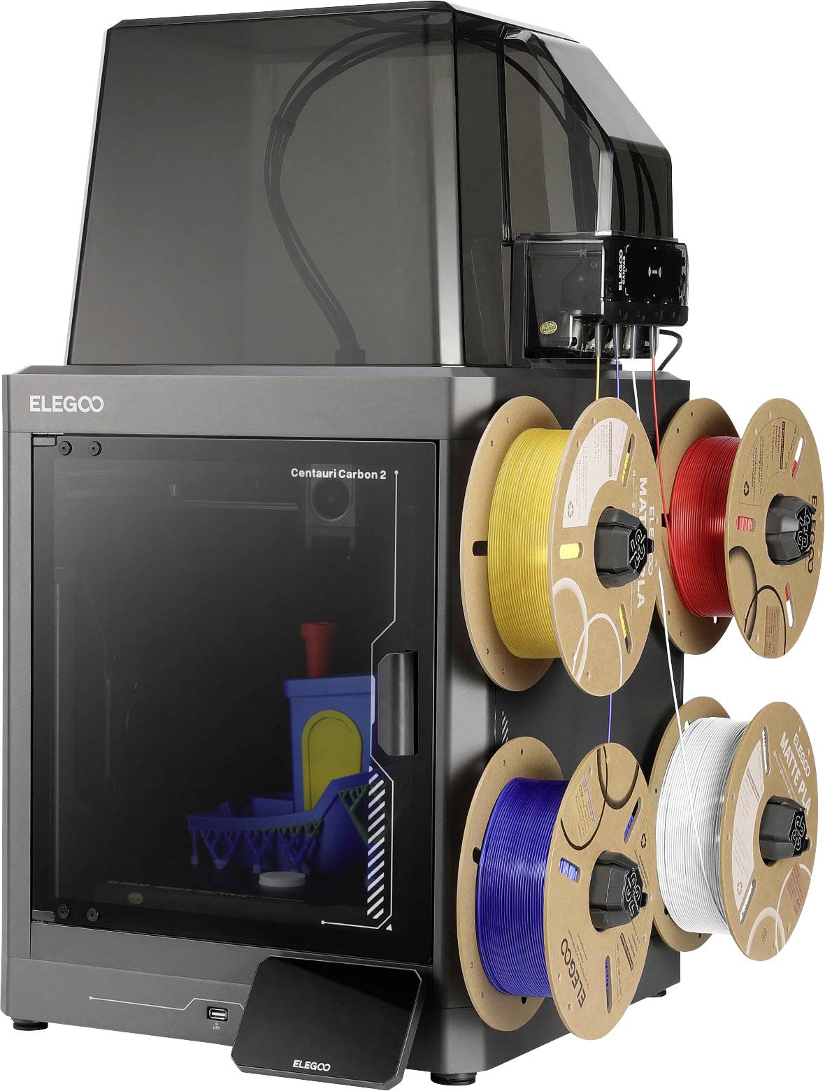 Ein geschlossener Elegoo 3D-Drucker mit vier auf Seitenhaltern angebrachten Filamentspulen, der einen Druck in der Druckkammer zeigt.