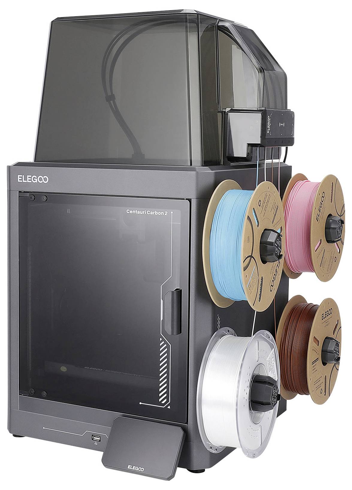 Ein Mehrfarben-3D-Drucker mit geschlossener oberer Kammer, Frontzugangstür und vier seitlich angebrachten Filamentspulen.