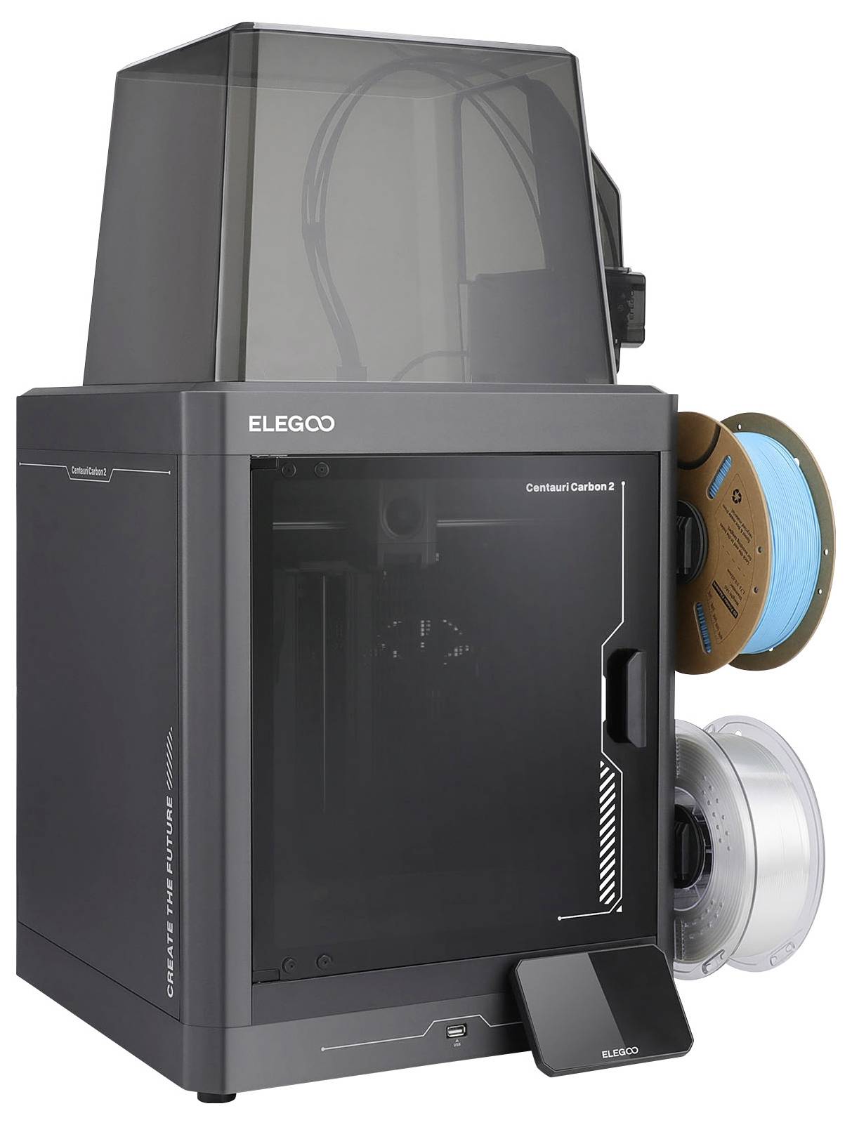 ELEGOO Centauri Carbon 3D-Drucker mit geschlossener Baukammer und zwei auf der rechten Seite montierten Filamentspulen.