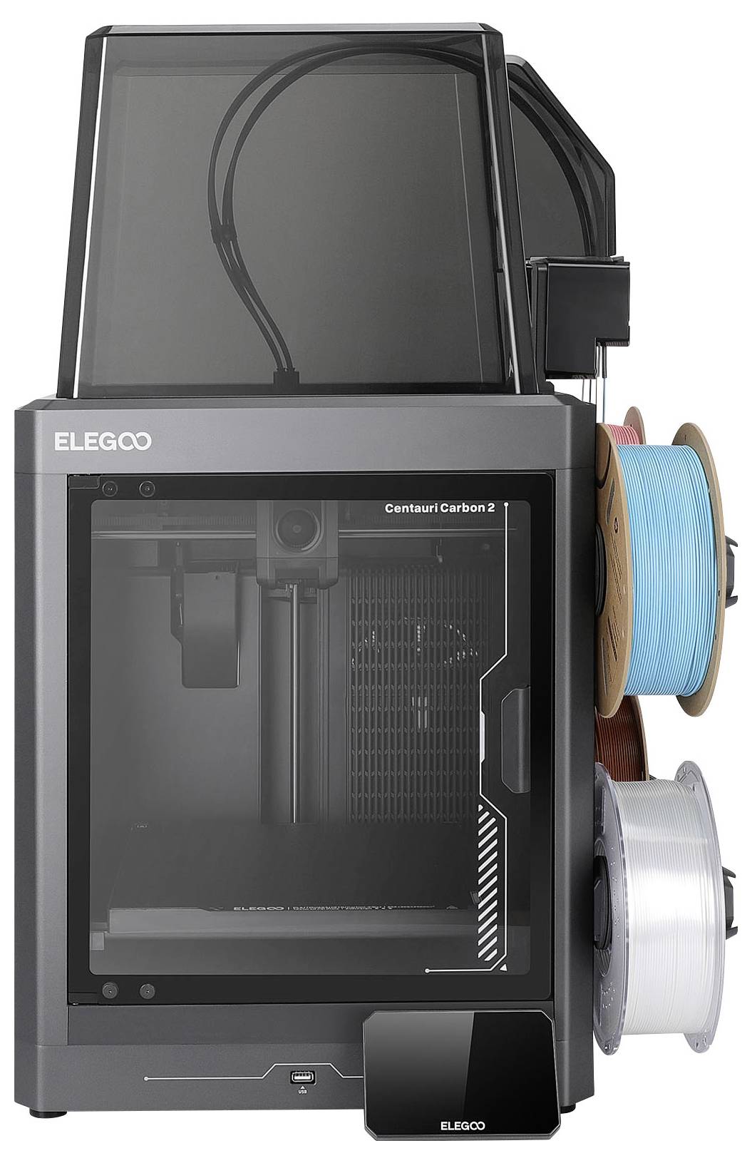 Elegoo Centauri Carbon 3D-Drucker mit geschlossener Baukammer und seitlich angebrachten blauen und weißen Filamentspulen.