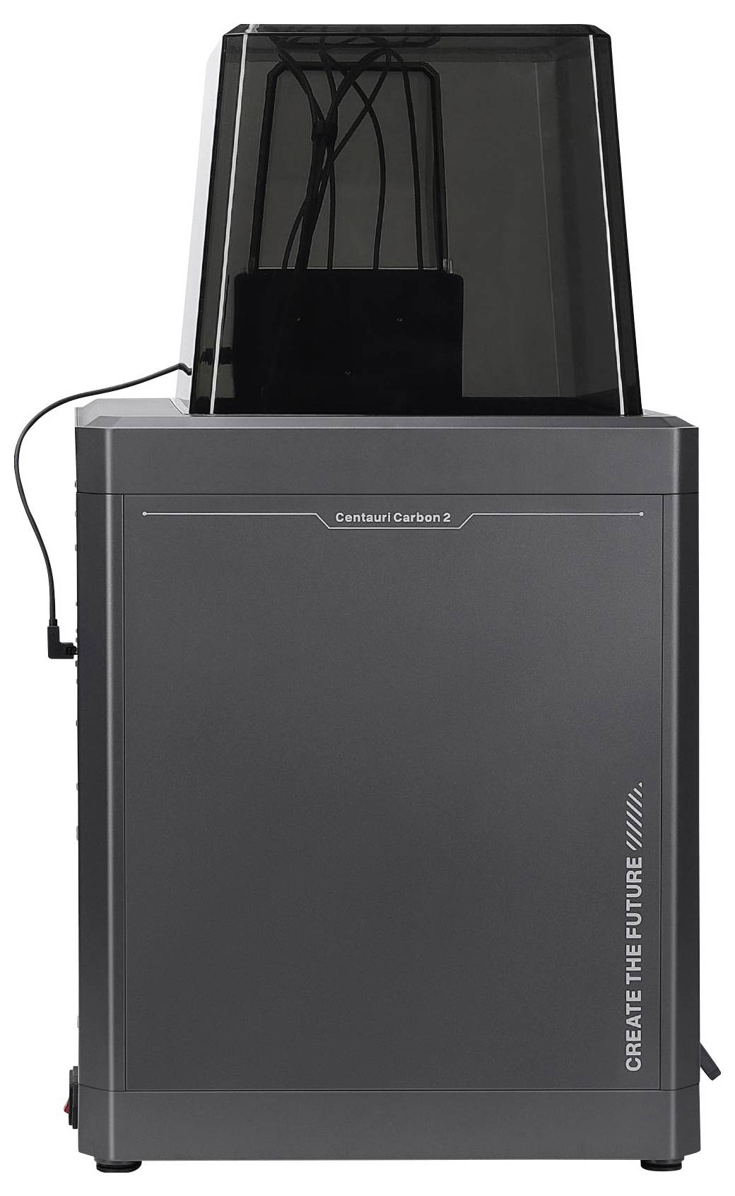 Ein schwarzer Centauri Carbon 2 3D-Drucker mit getöntem Gehäuse und „CREATE THE FUTURE