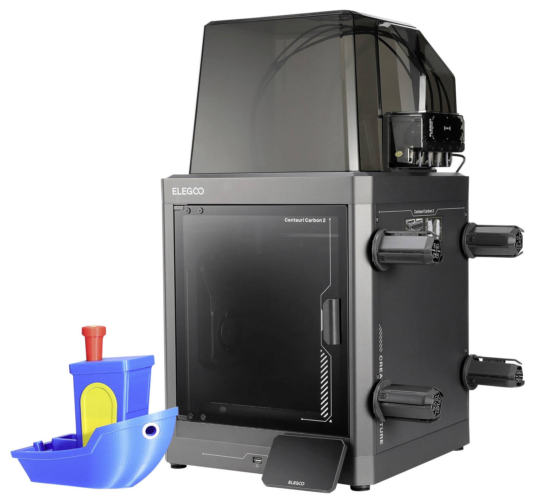 ELEGOO Harz-3D-Drucker mit getöntem Gehäuse und seitlichen Bedienelementen, daneben ein kleines blau-gelbes gedrucktes Bootsmodell.