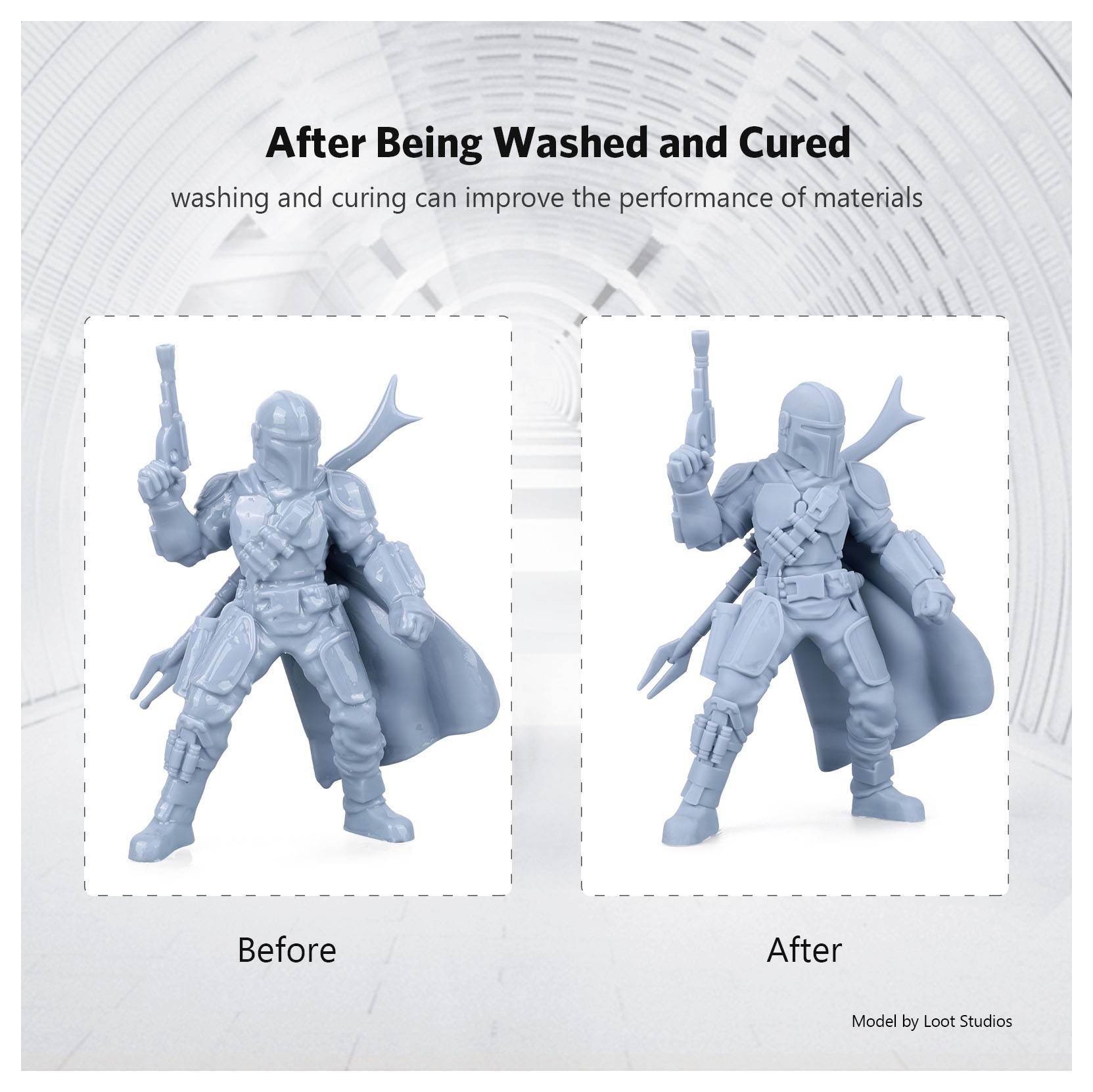 Vergleich einer 3D-gedruckten Figur vor und nach dem Waschen und Aushärten; das Modell nach der Behandlung sieht sauberer und glatter aus und zeigt verbesserte Details.