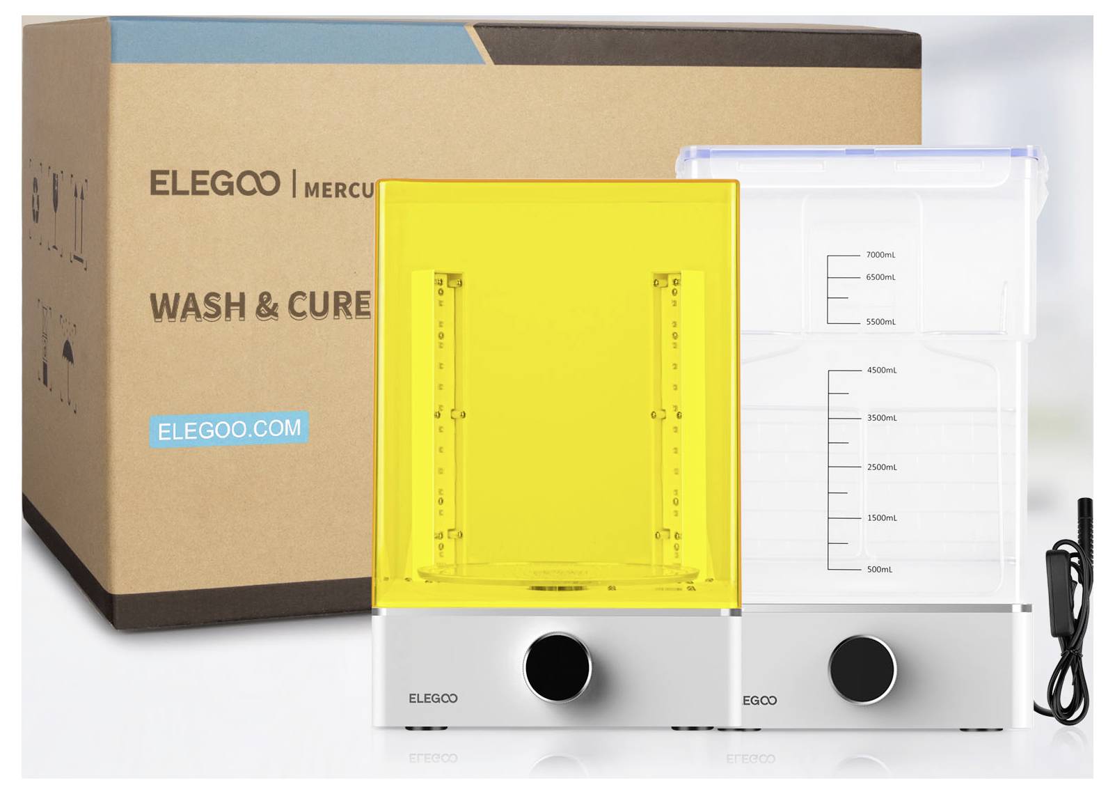 ELEGOO Mercury Wash & Cure 3D-Drucker-Nachbearbeitungsset mit gelbem Aushärtungskammer, Waschbecken, Verpackungsbox und Stromkabel.