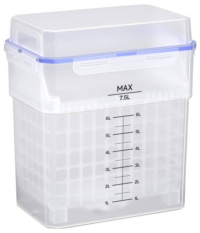Transparenter Kunststoff-Lagerbehälter mit Deckel, gekennzeichnet mit „MAX 7,5L