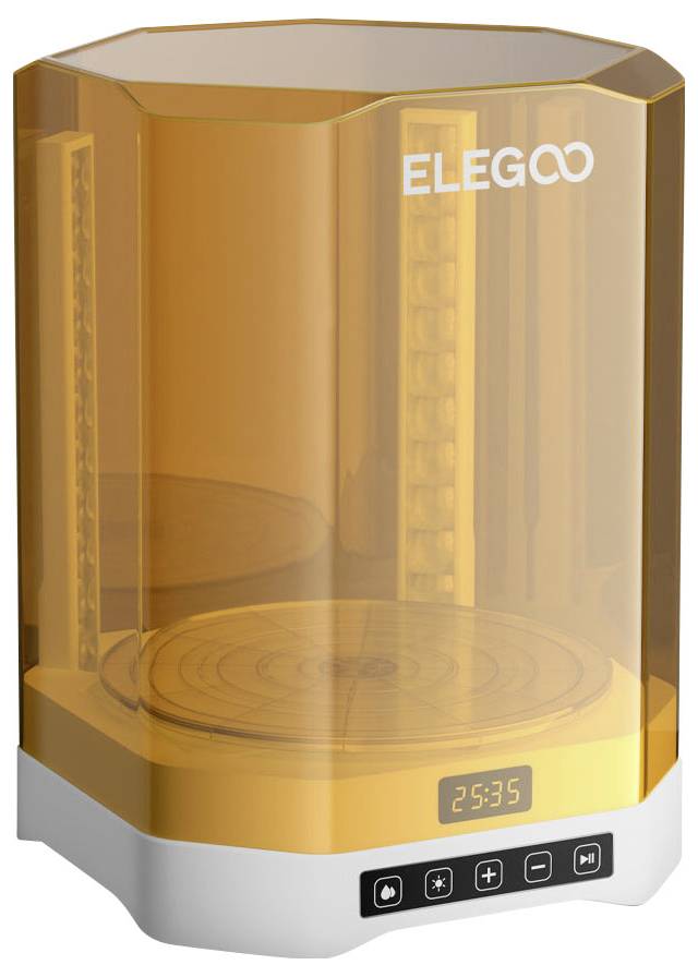 Orange ELEGOO Harzharz-3D-Drucker mit durchsichtigem Deckel, kreisförmiger Druckplattform und vorderem Bedienfeld mit der Anzeige 25:35.