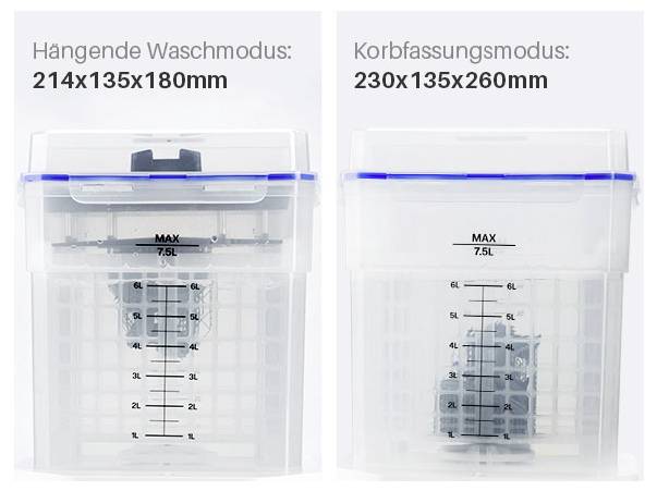 Vergleichsbild eines durchsichtigen Wäschebehälters in zwei Modi: Hängewaschmodus 214x135x180mm und Körbeerfassungsmodus 230x135x260mm, beide mit max. 7,5L gekennzeichnet.