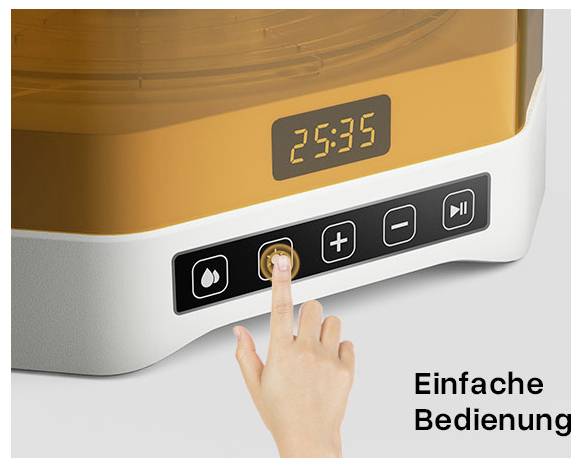 Finger drückt die Kontrolltaste auf einem digitalen Gerät mit Displayanzeige von 25:35; Text besagt „Einfache Bedienung