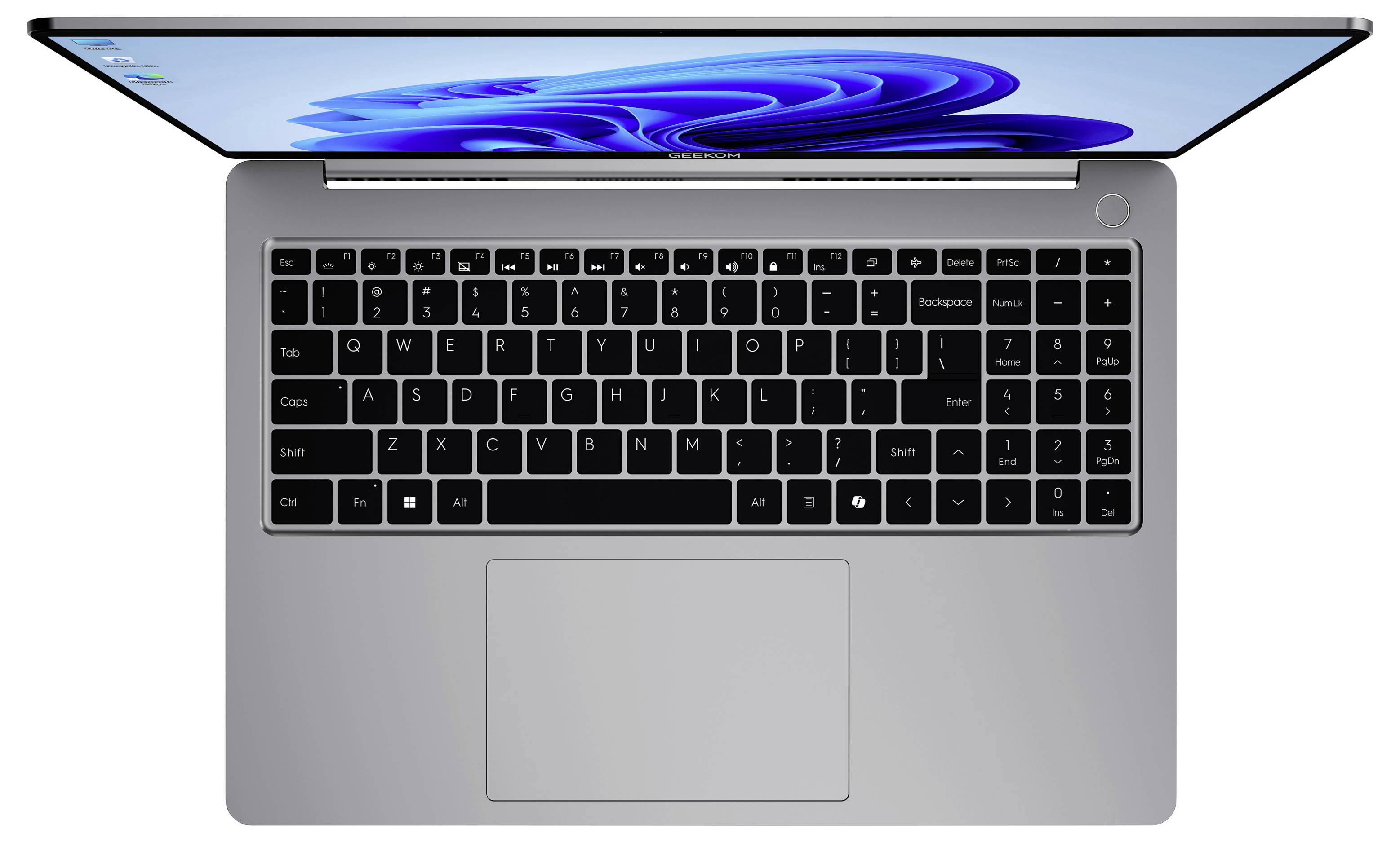 Draufsicht eines offenen silbernen Laptops mit schwarzer Tastatur, großem Touchpad und blauem abstraktem Hintergrundbild auf dem Bildschirm.