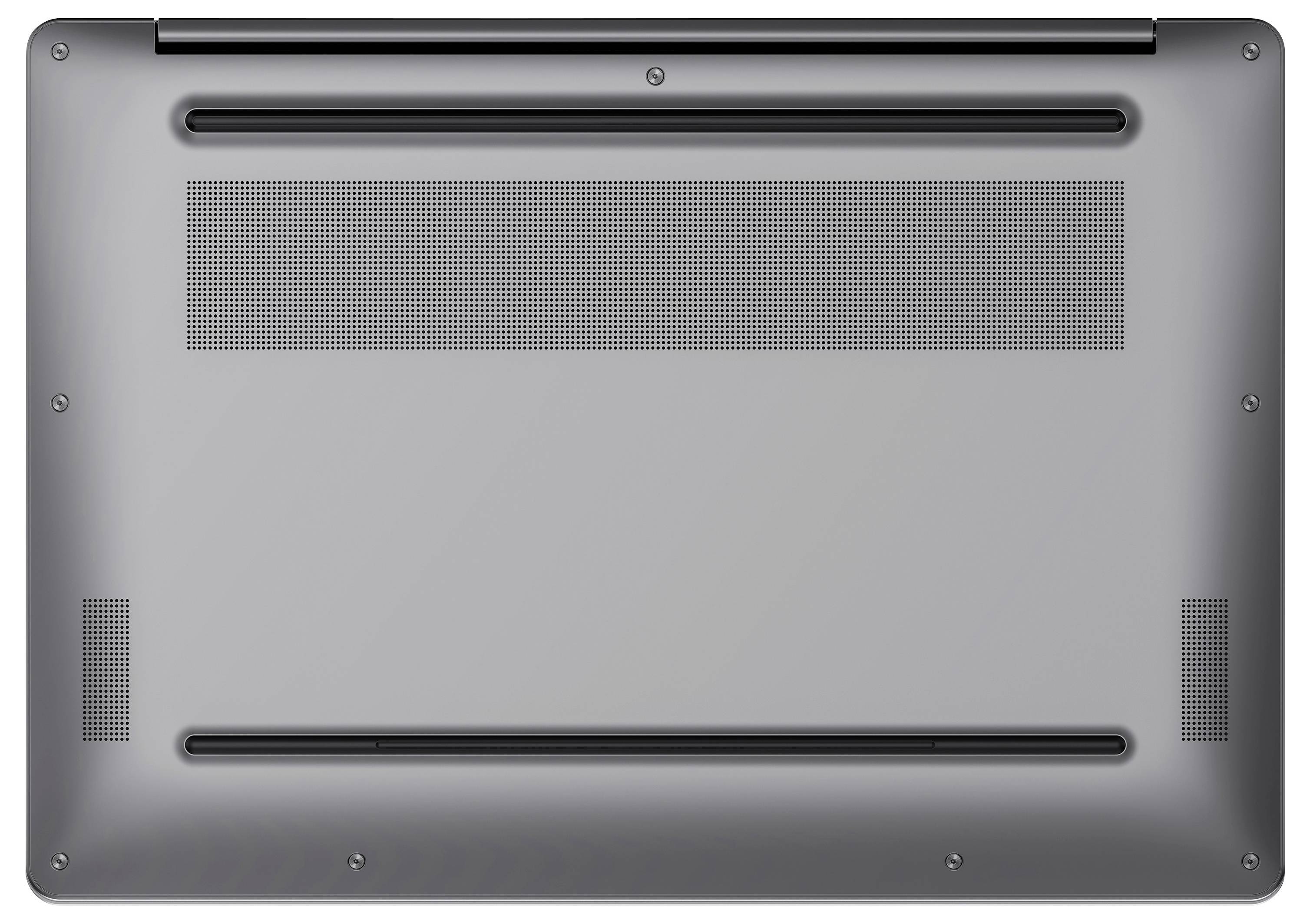 Unteransicht eines silbernen Laptops, die Lüftungsöffnungen, Schrauben und schwarze Gummifüße auf der Unterseite zeigt.