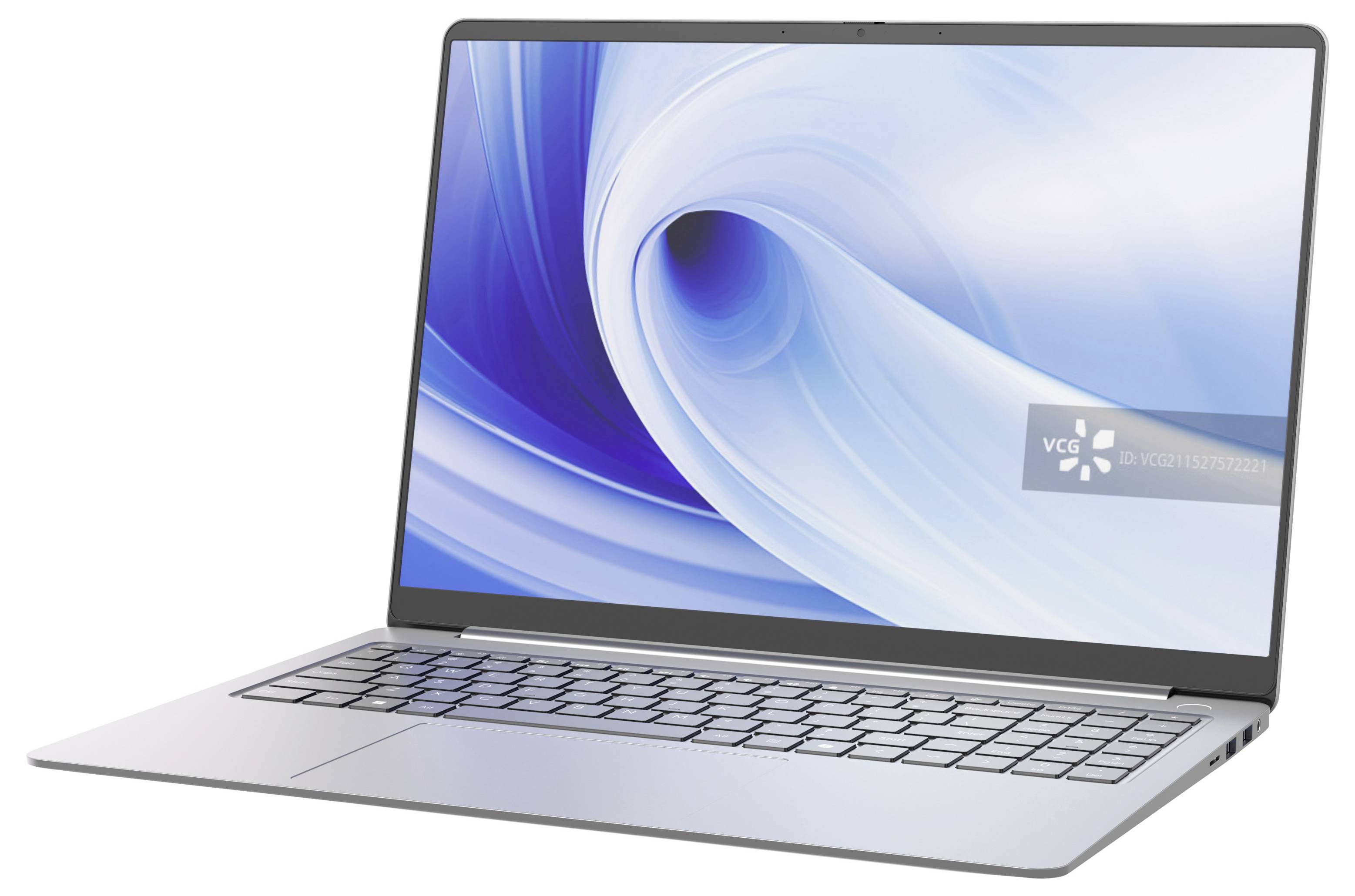 Silberner Laptop-Computer mit blauem abstraktem Wirbel-Hintergrundbild auf dem Bildschirm, offen in einem Winkel auf weißem Hintergrund gezeigt.