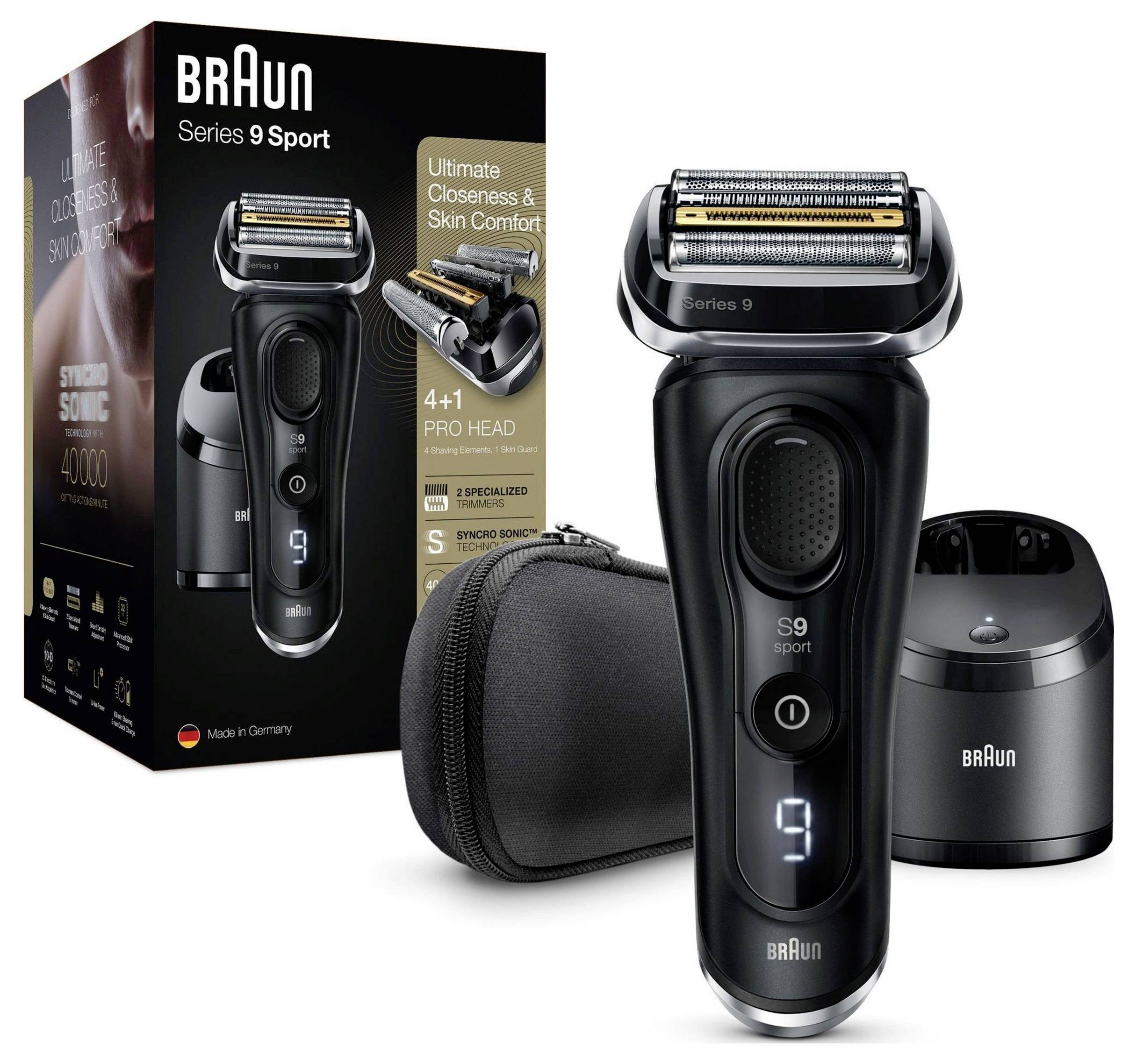 Braun Series 9 Sport Elektrorasierer-Set mit Koffer, Reinigungsstation und Produktverpackung.