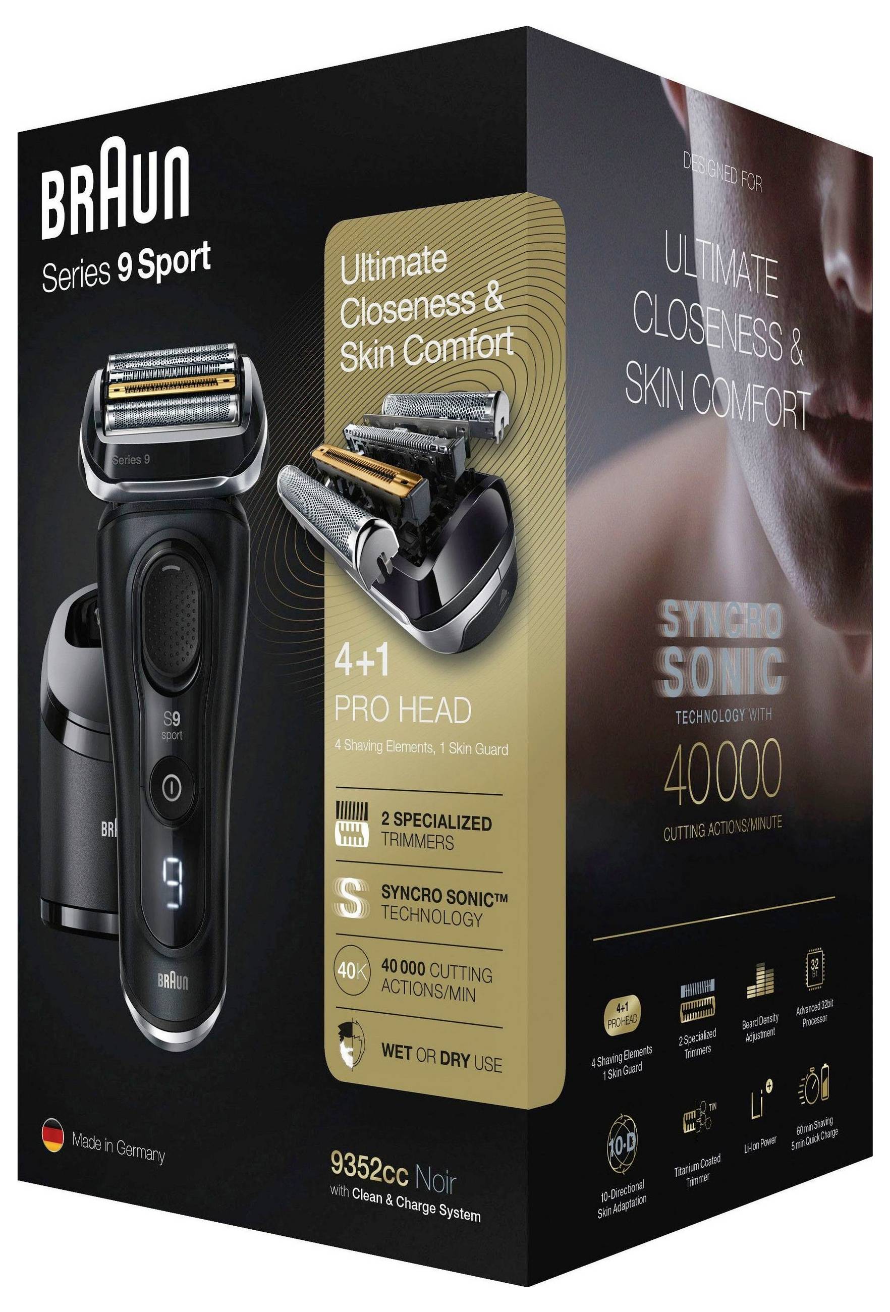 Verpackung für Braun Series 9 Sport Elektrorasierer, zeigt den Rasierer und „Ultimative Nähe & Hautkomfort