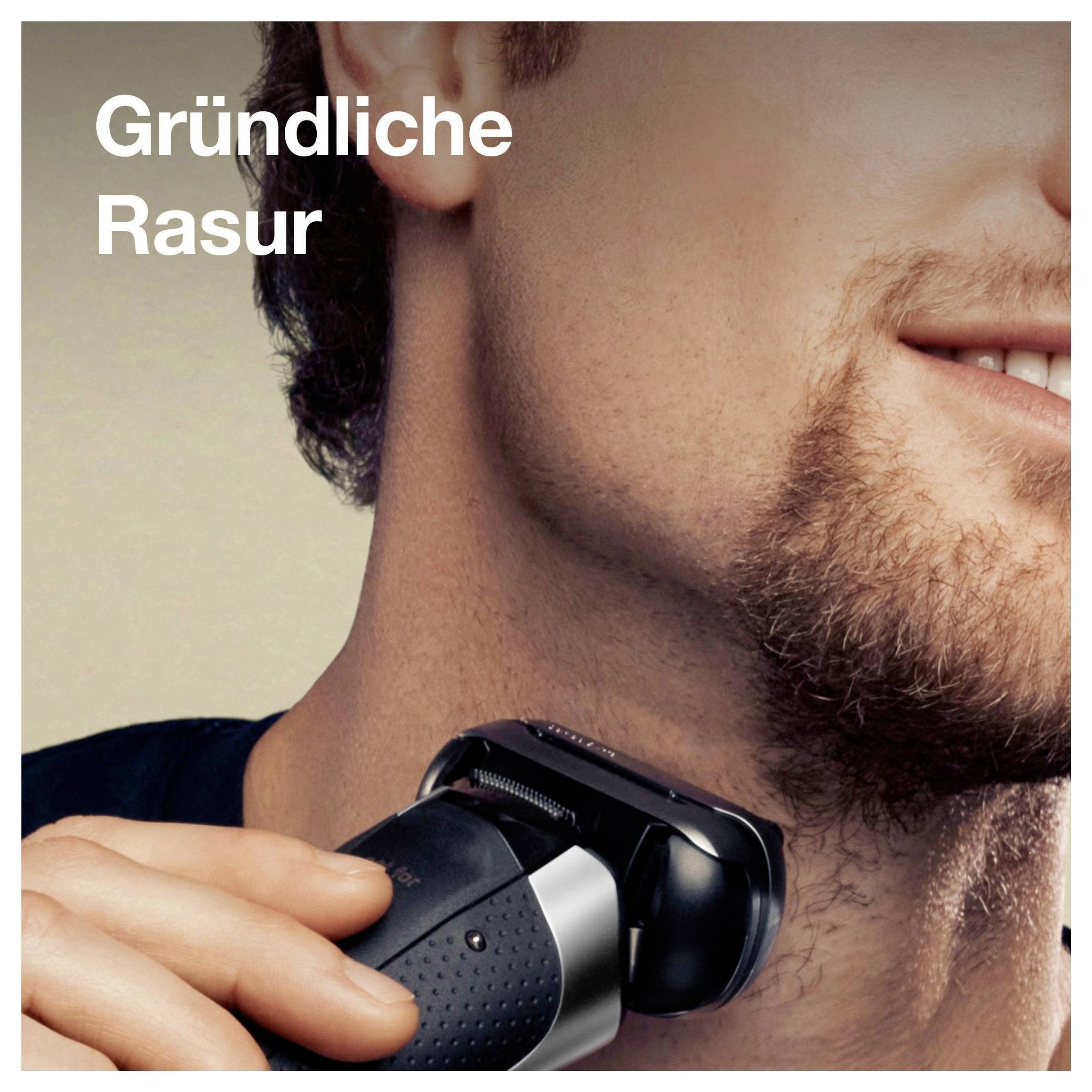 Nahaufnahme eines Mannes, der einen Elektrorasierer an seinem Hals benutzt, mit dem Text „Gründliche Rasur