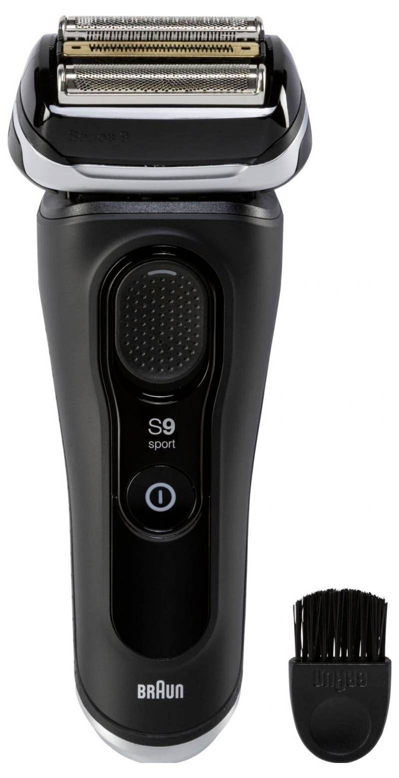 Braun S9 Sport elektrischer Rasierer mit Scherfolie und einer kleinen Reinigungsbürste auf weißem Hintergrund.