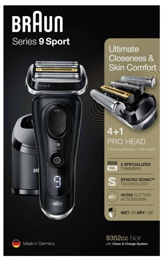 Braun Series 9 Sport Elektrorasierer – Anzeige, zeigt den Rasierer und den Scherkopf, mit Text zur Hervorhebung von „Ultimative Nähe & Hautkomfort