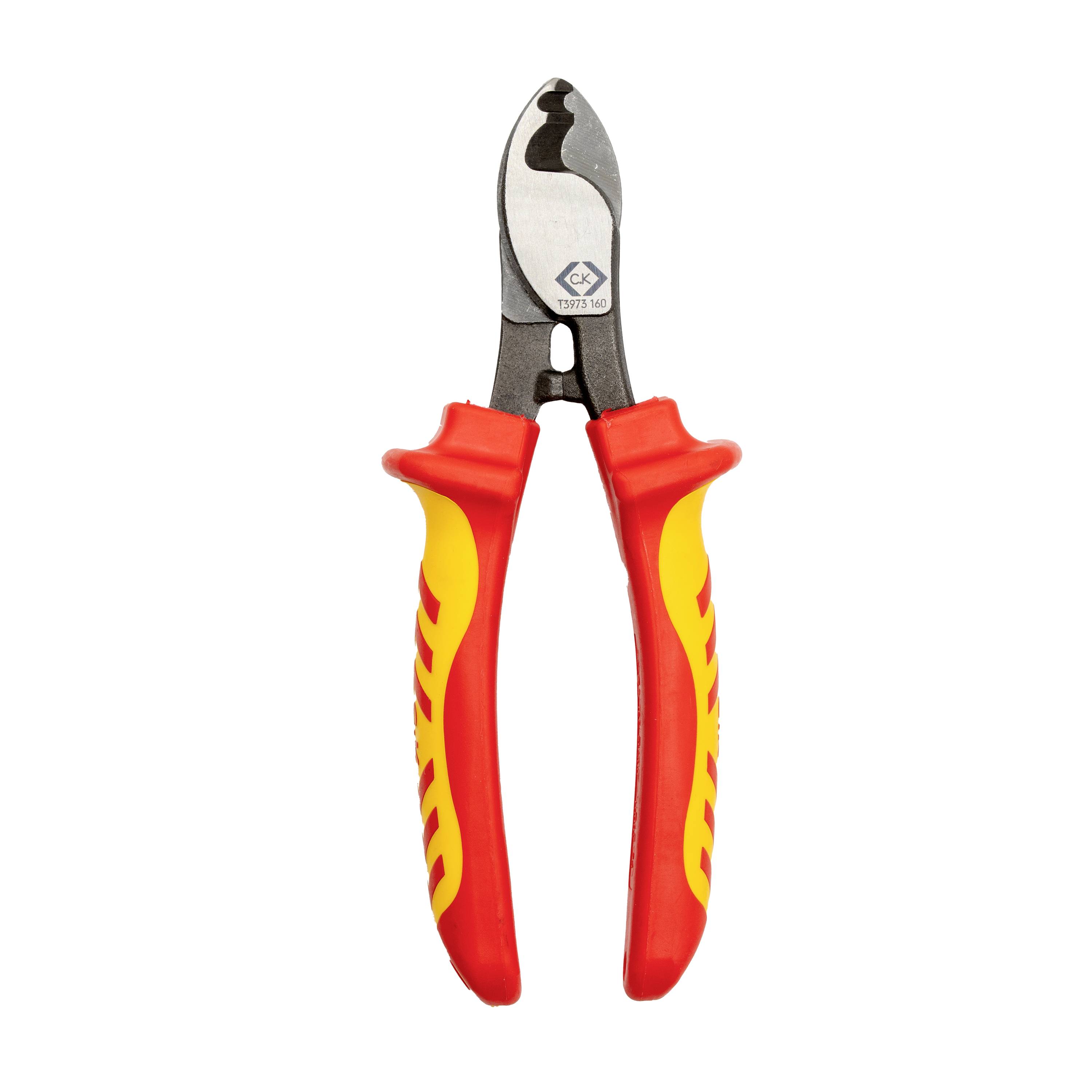 Rot-und-gelbe isolierte Drahtschneider mit Metallbacken auf weißem Hintergrund.