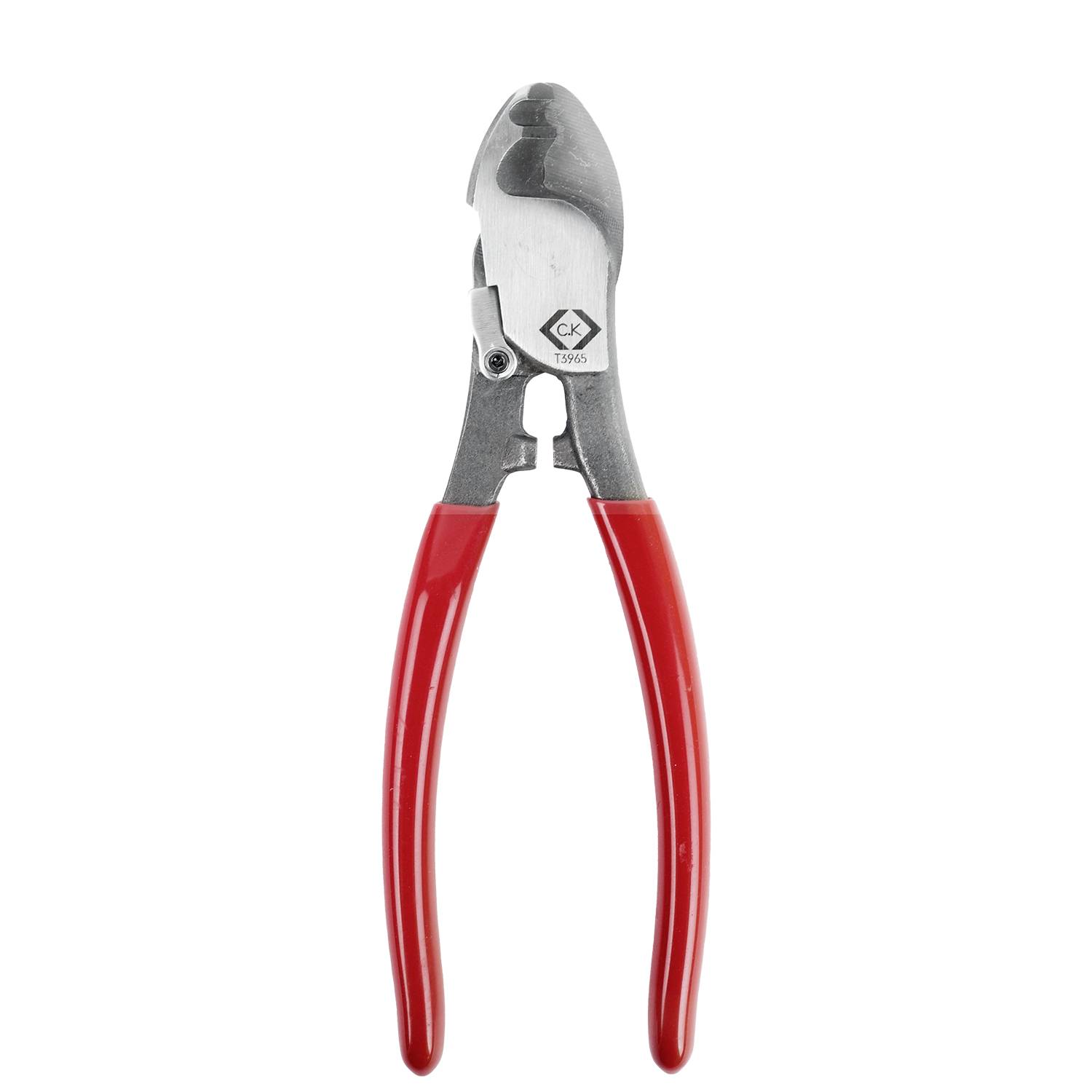Kabelschere mit rotem Griff oder Drahtschere mit Metallbacken, dargestellt auf einfachem weißem Hintergrund.