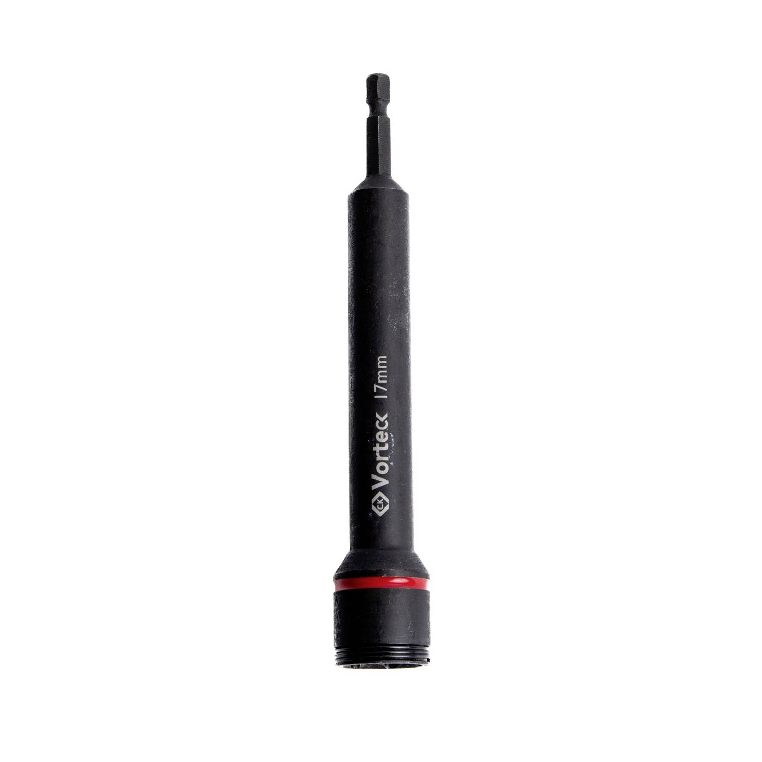 Black Vortex 17mm Steckschlüssel-Adapter mit Sechskantschaft und rotem Ring, isoliert auf weißem Hintergrund dargestellt.
