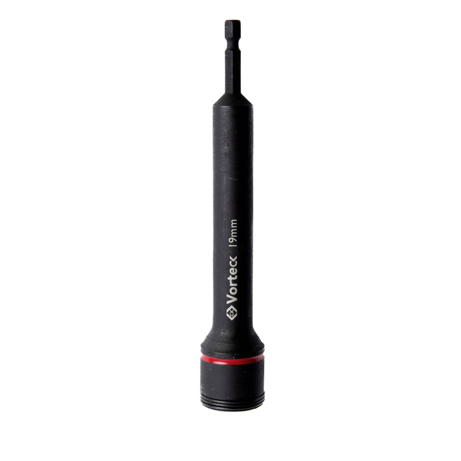 Black Vortex 19mm Steckschlüssel-Bitadapter aufrecht auf weißem Hintergrund stehend, mit rotem Ringdetail nahe der Basis.