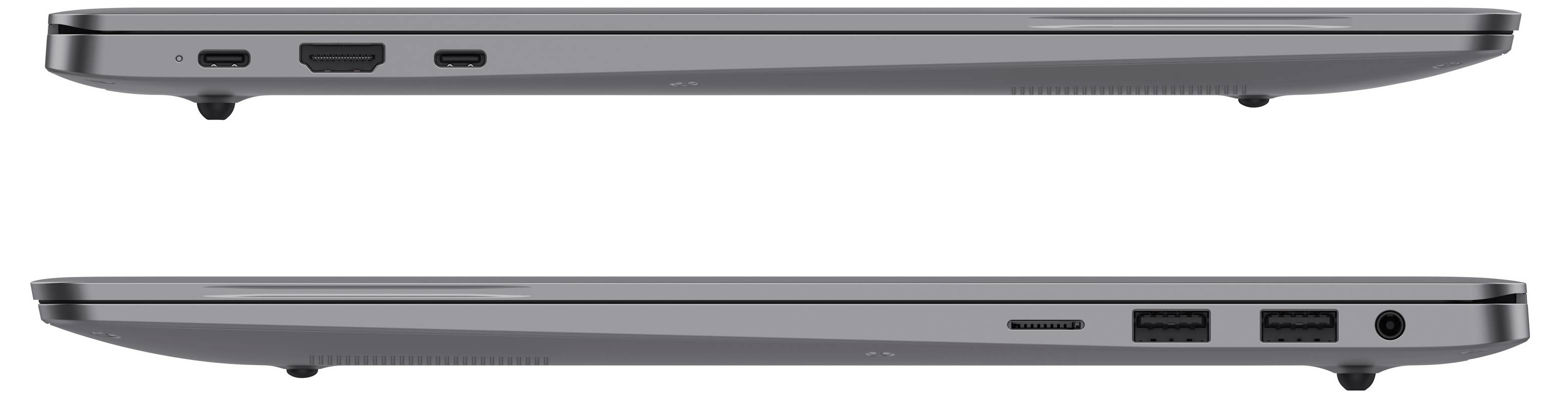 Seitenansichten eines schlanken grauen Laptops, die die geschlossenen oberen und unteren Kanten zeigen, mit Anschlüssen einschließlich USB, HDMI und Audiobuchse.