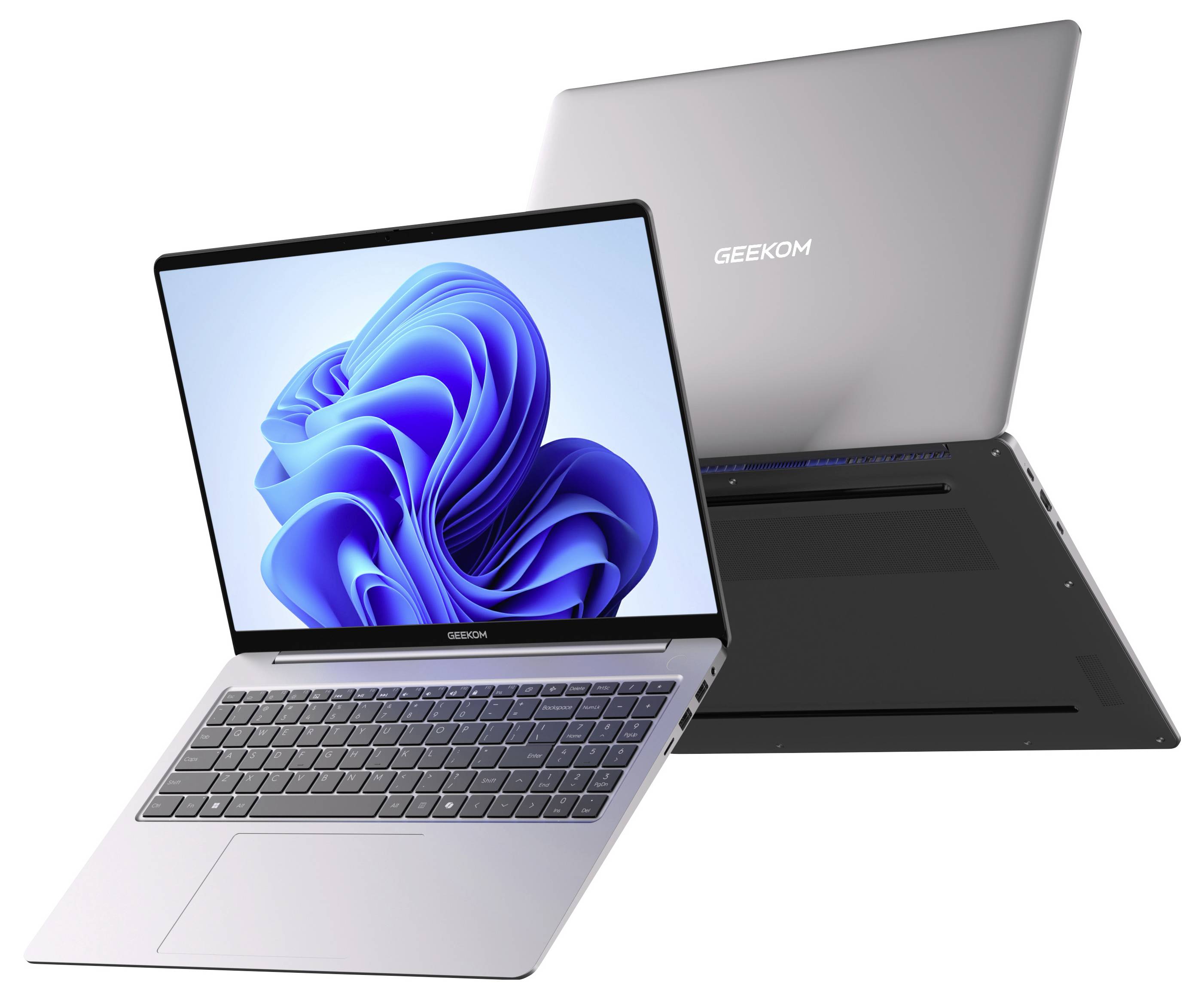 Zwei silberne Geekom-Laptops in geöffnetem und geschlossenem Zustand, die einen Windows-11-Bildschirm und ein schlankes tragbares Design hervorheben.