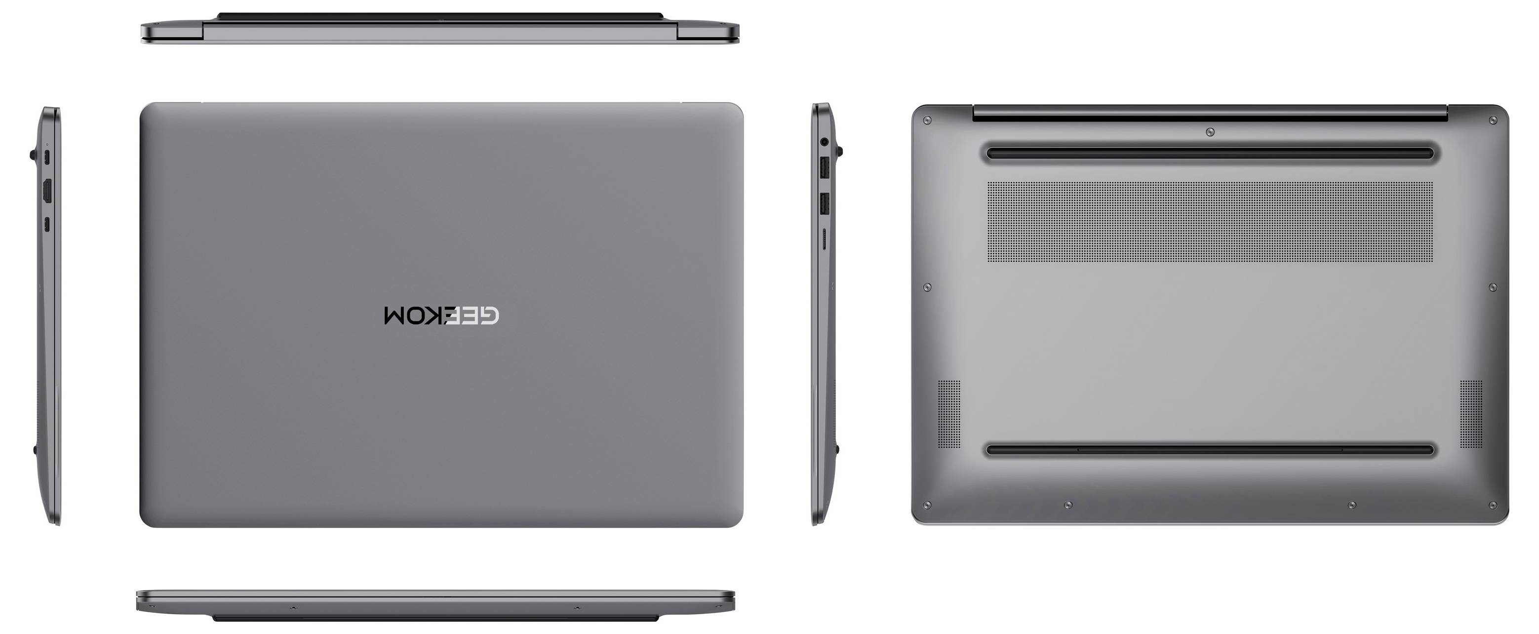 Drei Ansichten eines grauen Laptops: geschlossene Oberseite, Seitenansicht und Unterseite mit Lüftungsschlitzen und Anschlüssen.