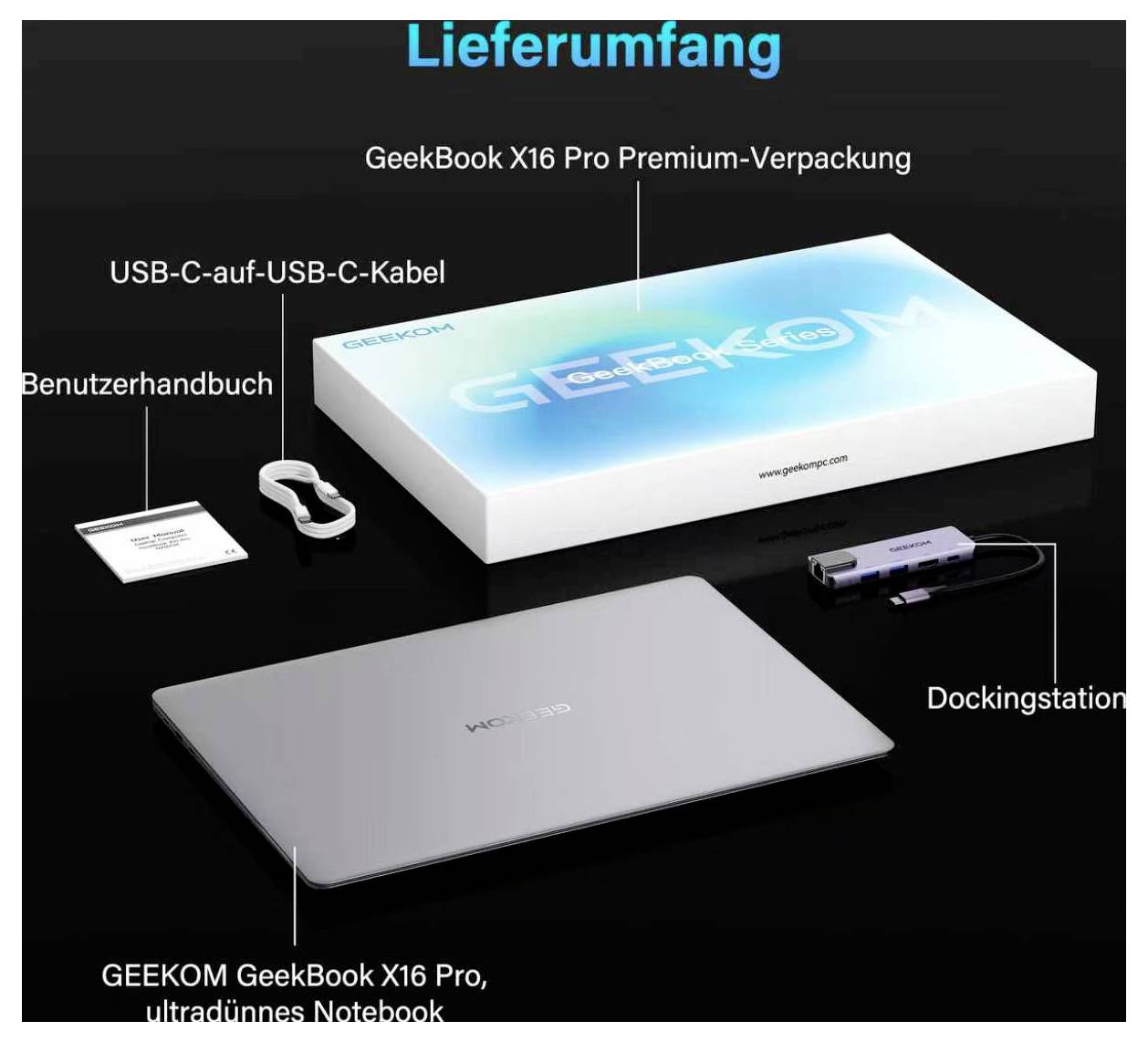 Produktinhaltsübersicht des GeekBook X16 Pro: Notebook, Premiumberbox, Dockingstation, USB-C-Kabel und Benutzerhandbuch.