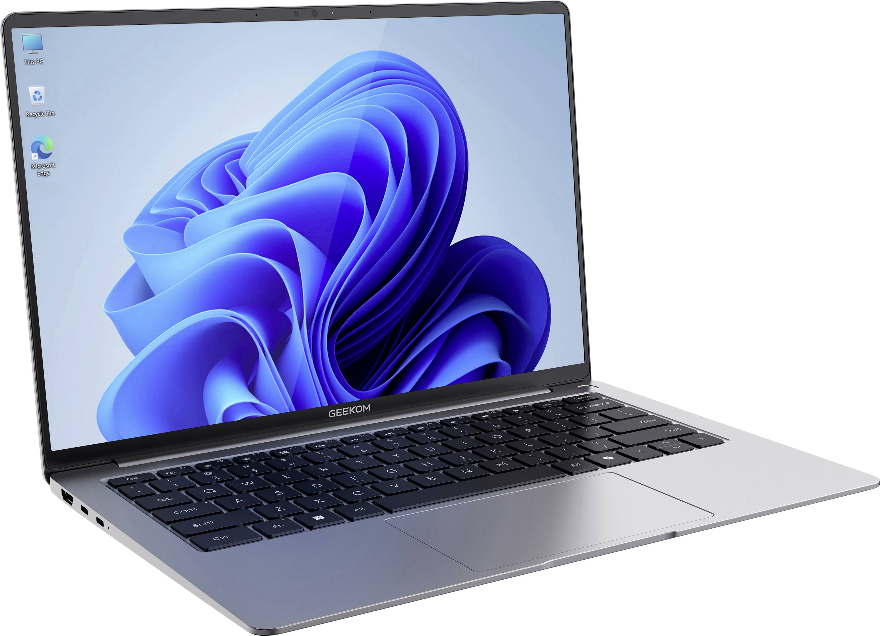Ein silberner Laptop, der in einem Winkel geöffnet ist und einen Windows-11-Desktop mit blauem abstraktem Hintergrundbild und einigen Symbolen auf der linken Seite zeigt.