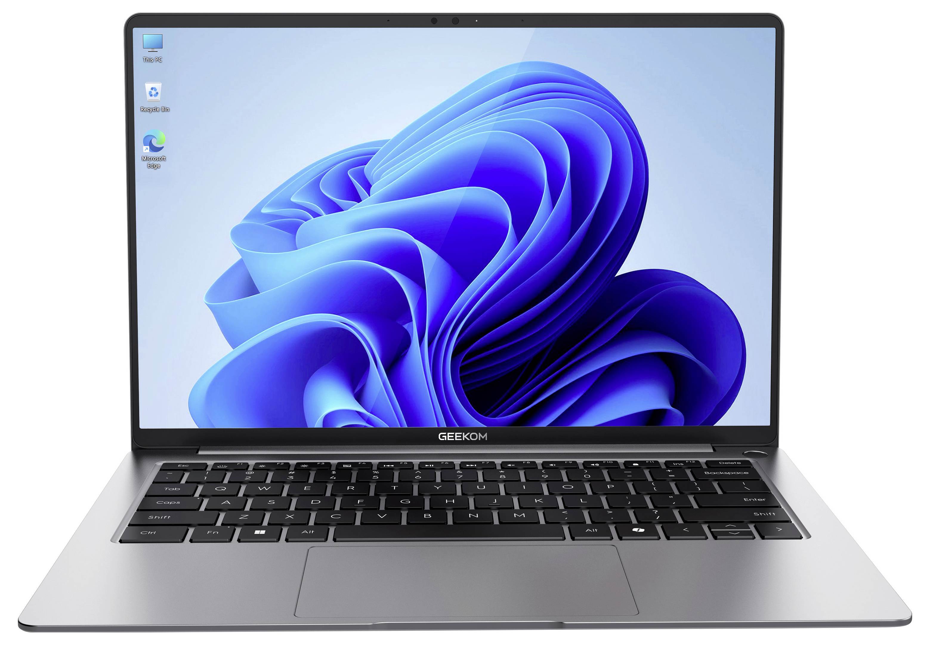 Vorderansicht eines offenen silbernen Laptops mit Windows 11-Desktop und blauem abstraktem Hintergrundbild.