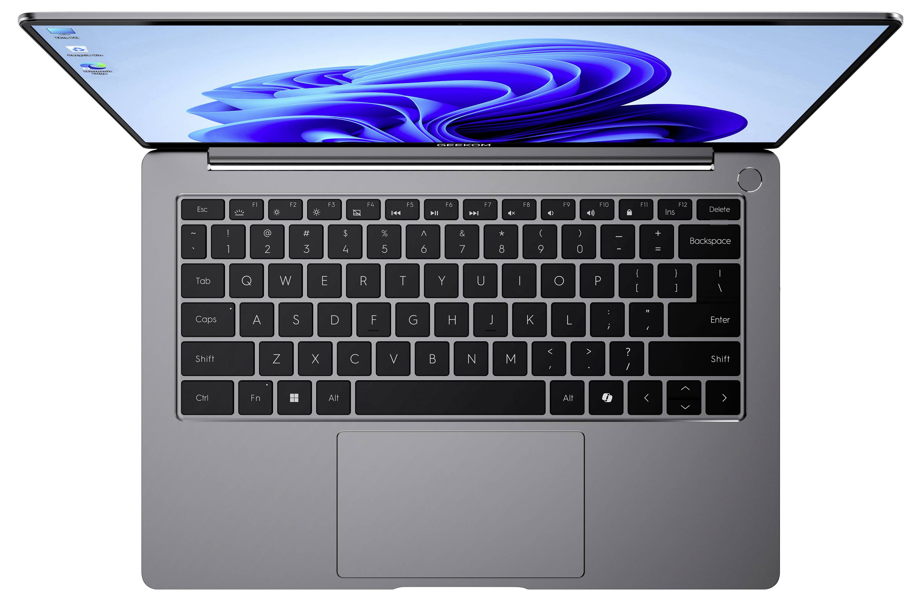 Draufsicht auf einen offenen grauen Laptop mit einem blauen Windows-ähnlichen Bildschirm und schwarzer Tastatur, zentriert auf dem Touchpad.